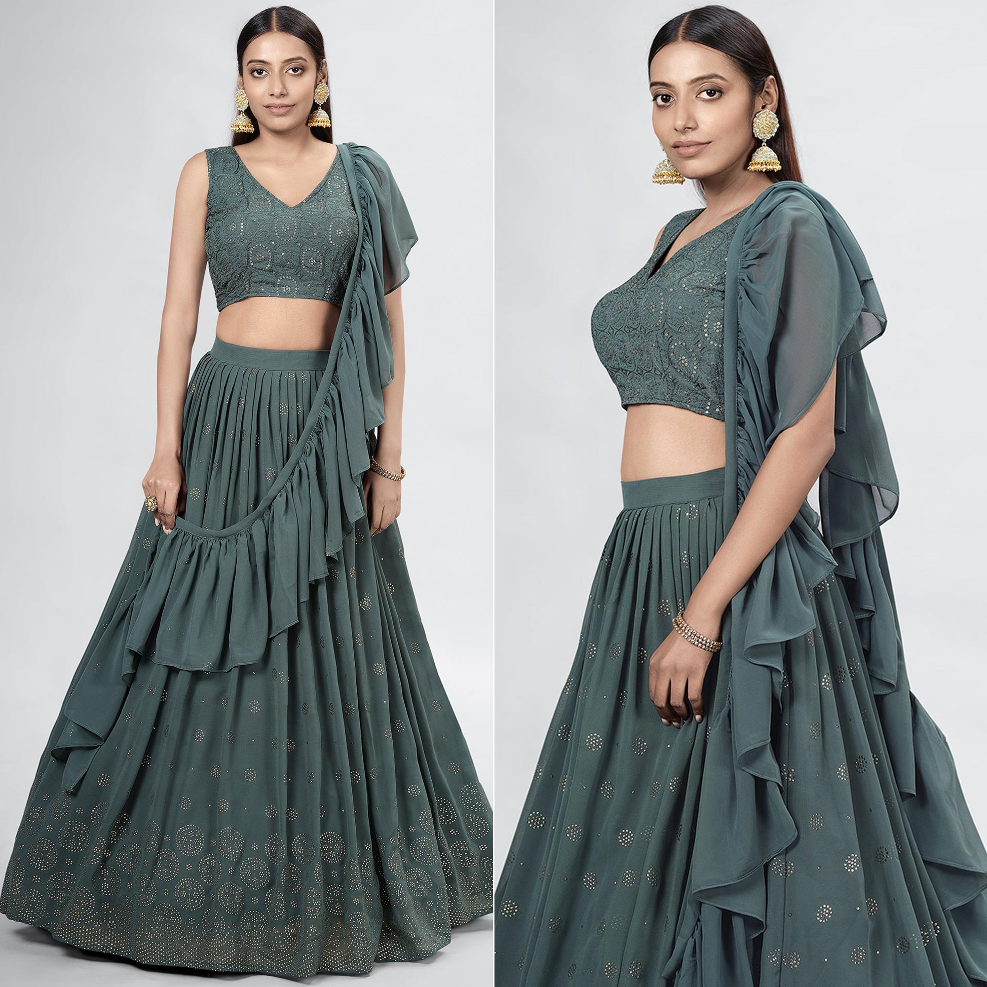 Dark Grey Embellished With Embroidered Georgette Lehenga Choli