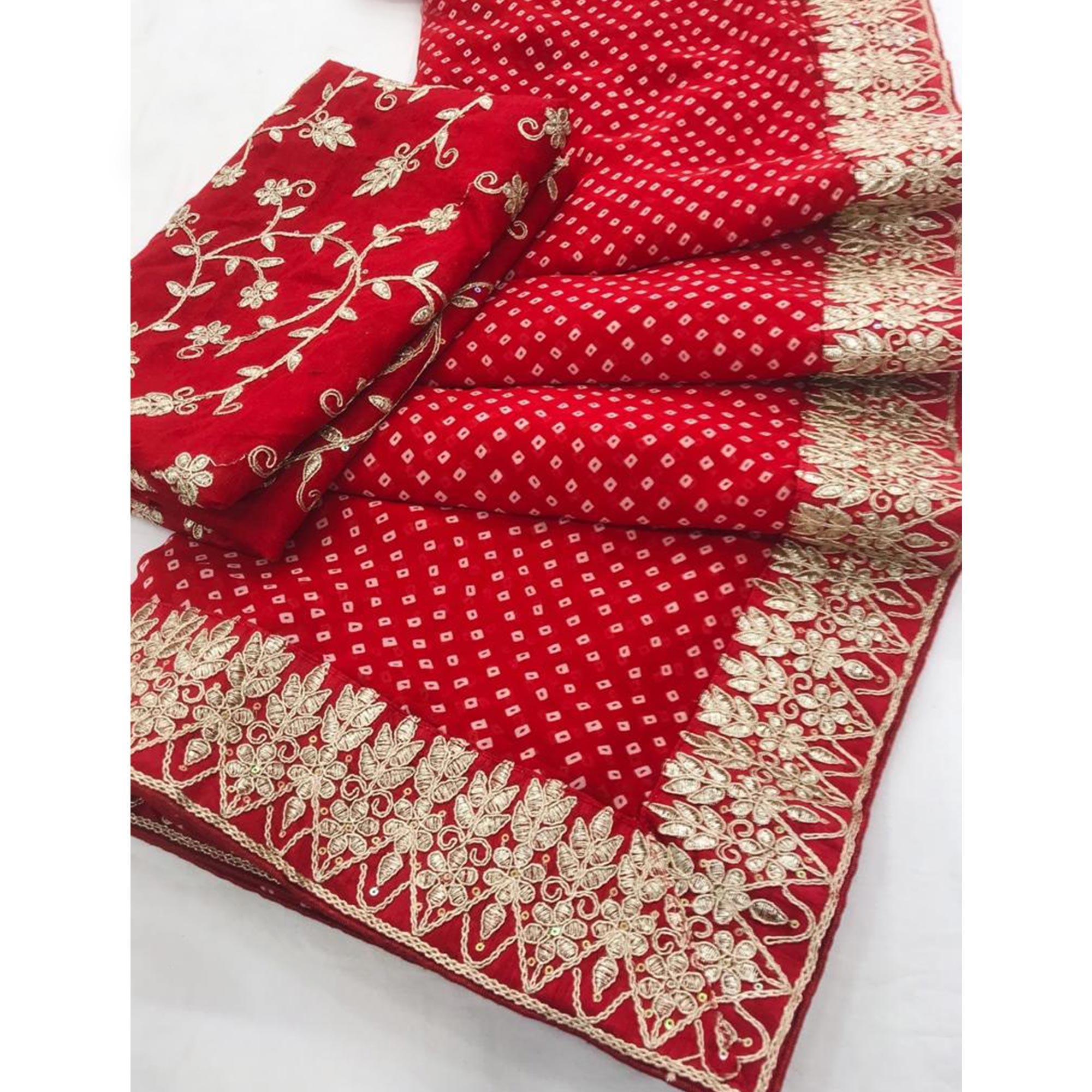 Red Bandhani Printed With Embroidered Border Georgette Saree