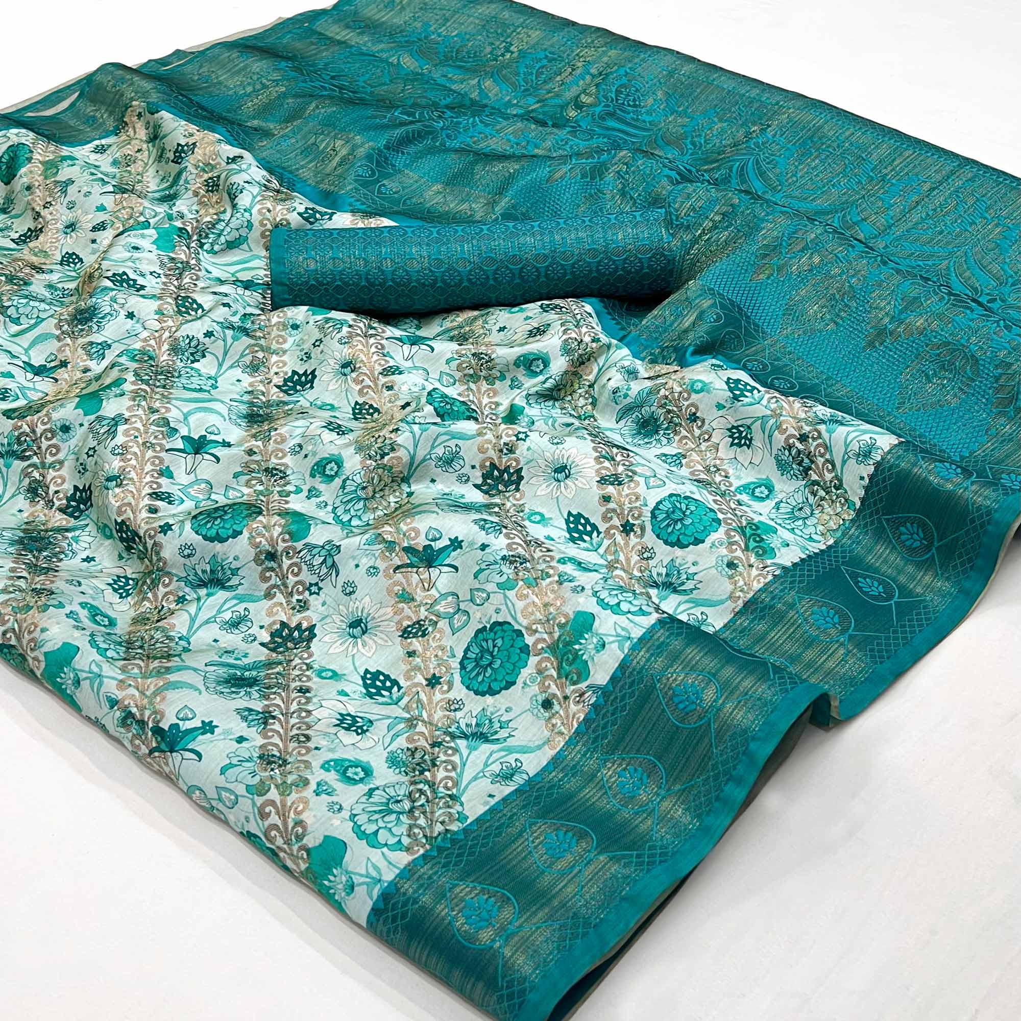 Rama Blue Digital Printed Cotton Silk Saree