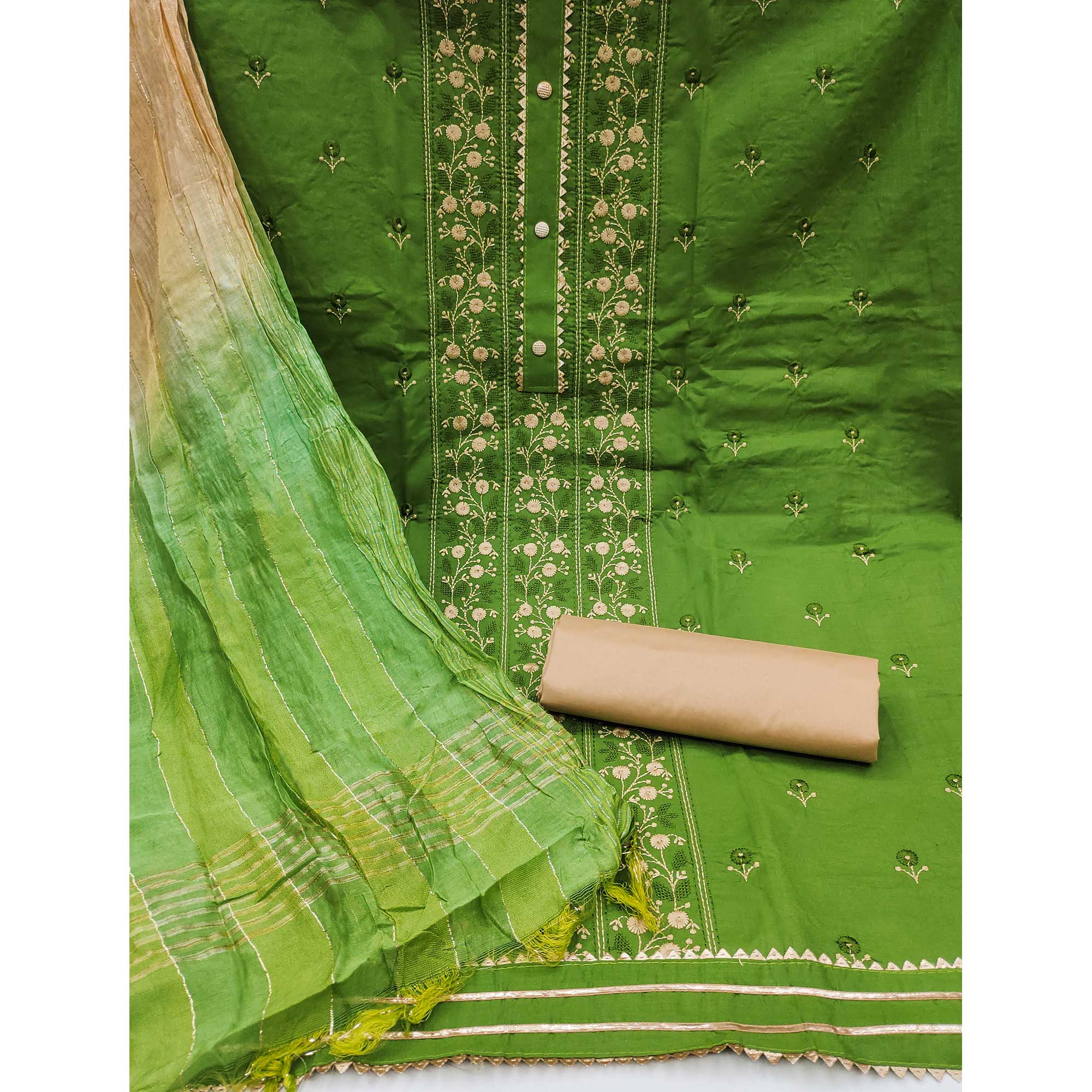 Green Floral Embroidered Cotton Blend Dress Material