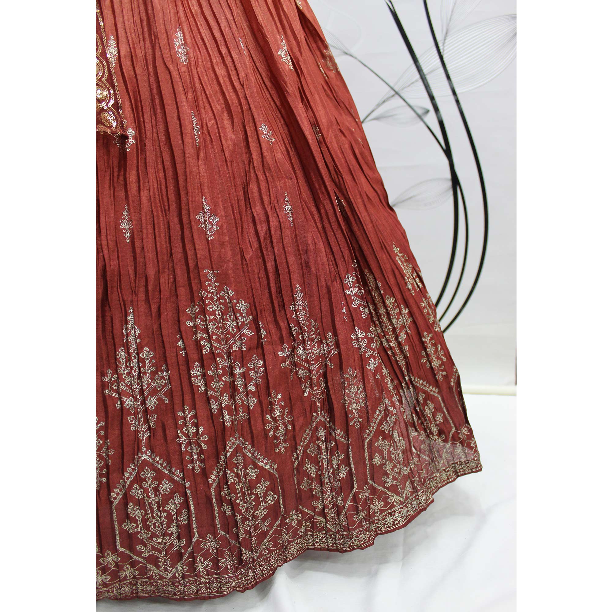 Peach Foil Printed Chiffon Lehenga Choli