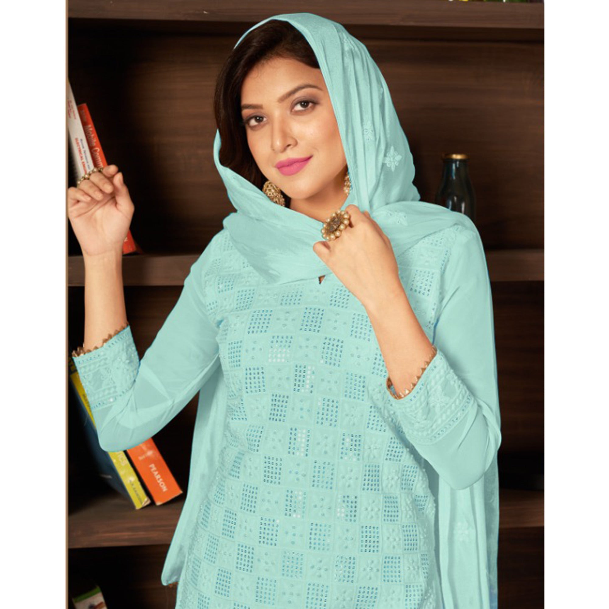Aqua Blue Sequins Embroidered Georgette Suit