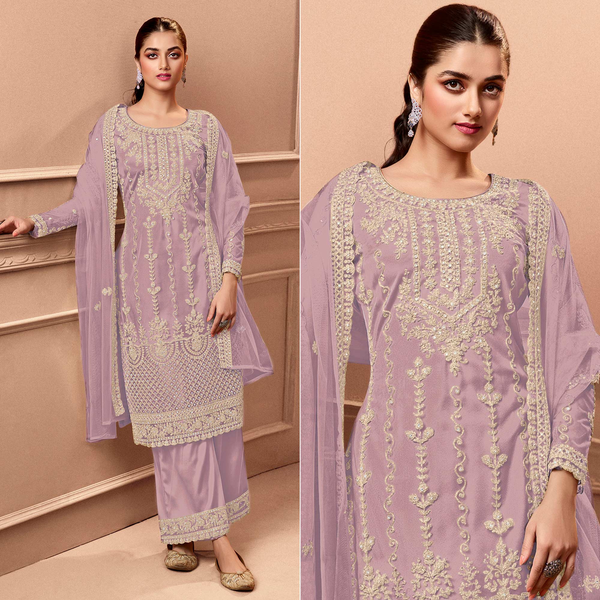 Purple Floral Embroidered Netted Pakistani Suit