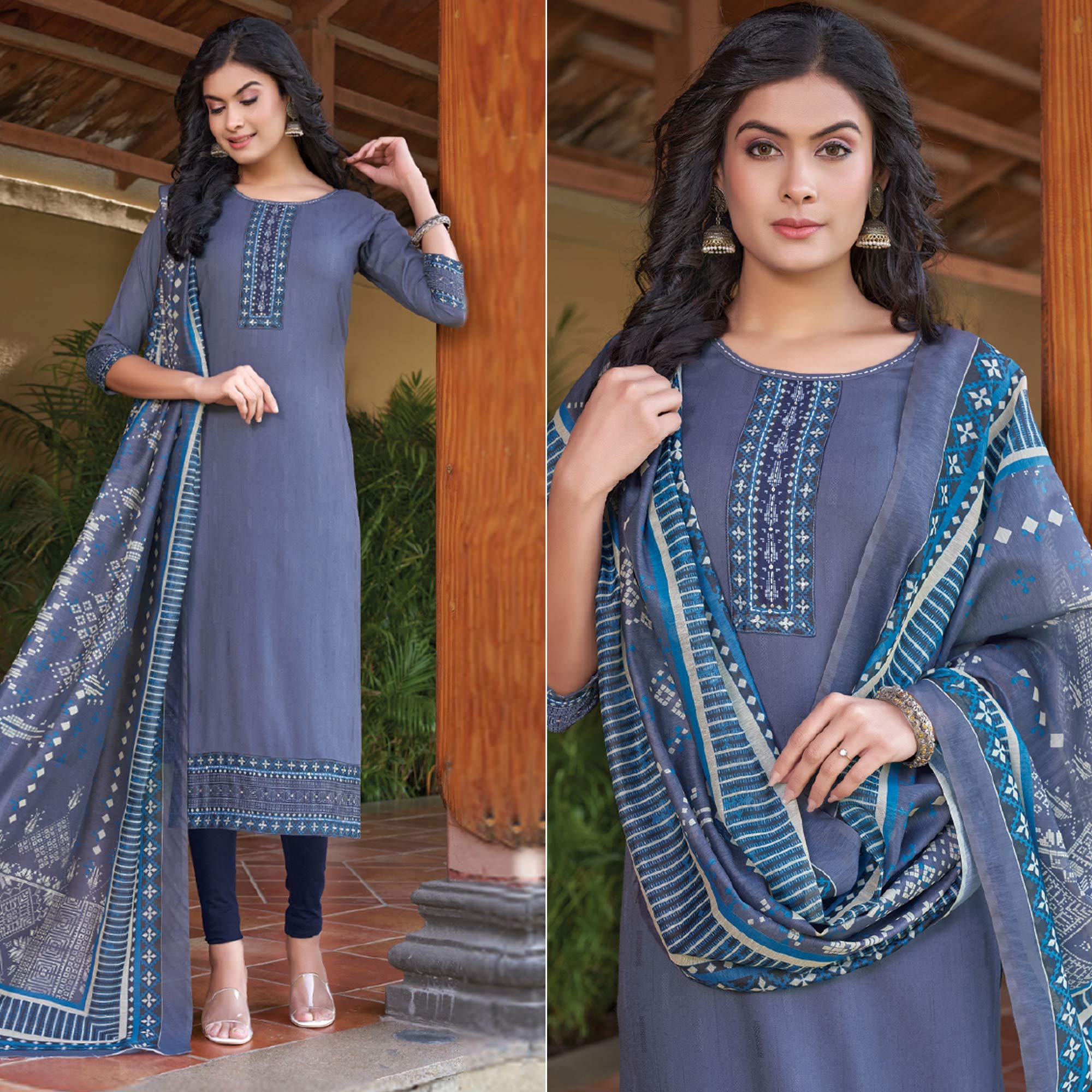 Grey Embroidered Rayon Kurti With Dupatta