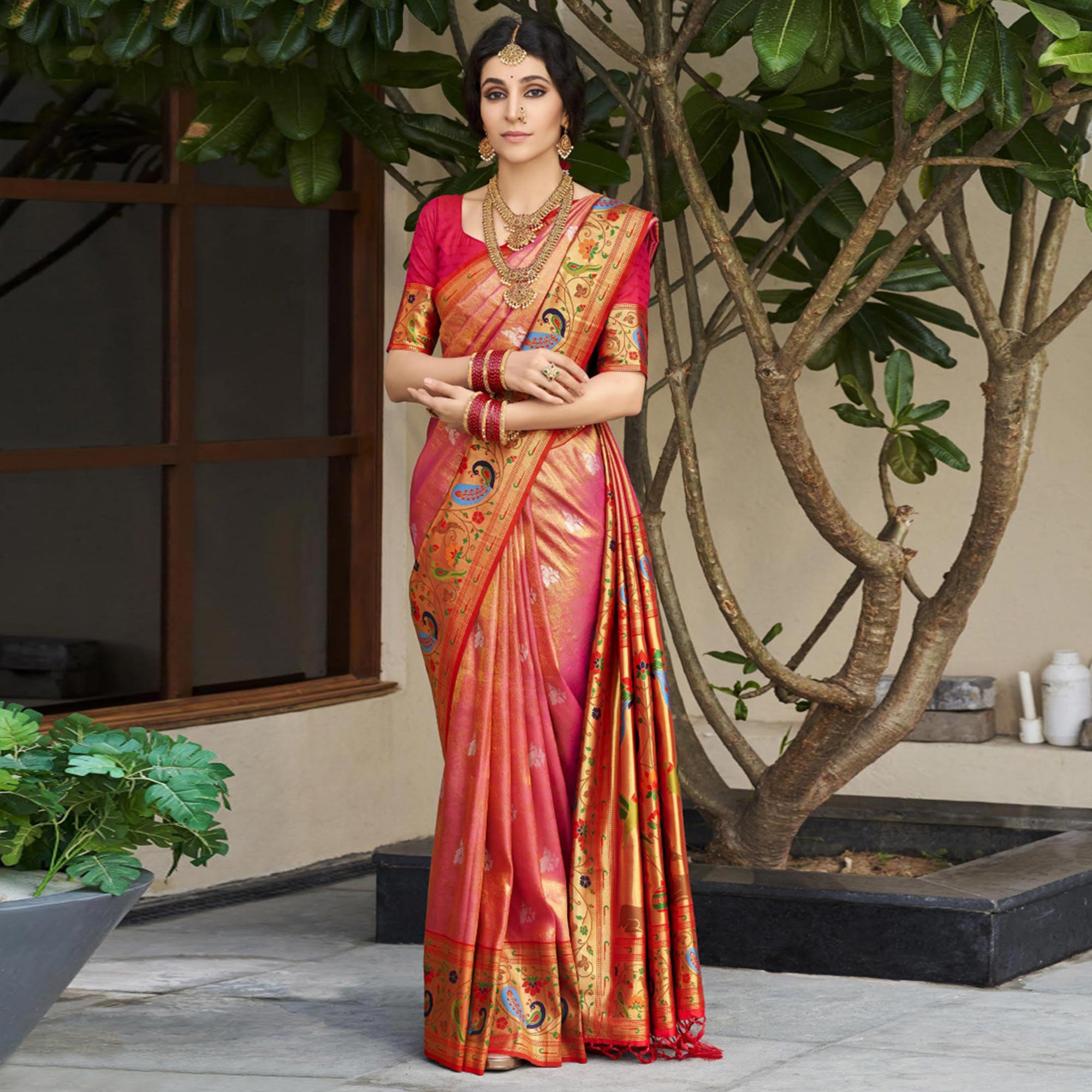 Pink Woven Kanjivaram Silk Paithani Saree With Tassels