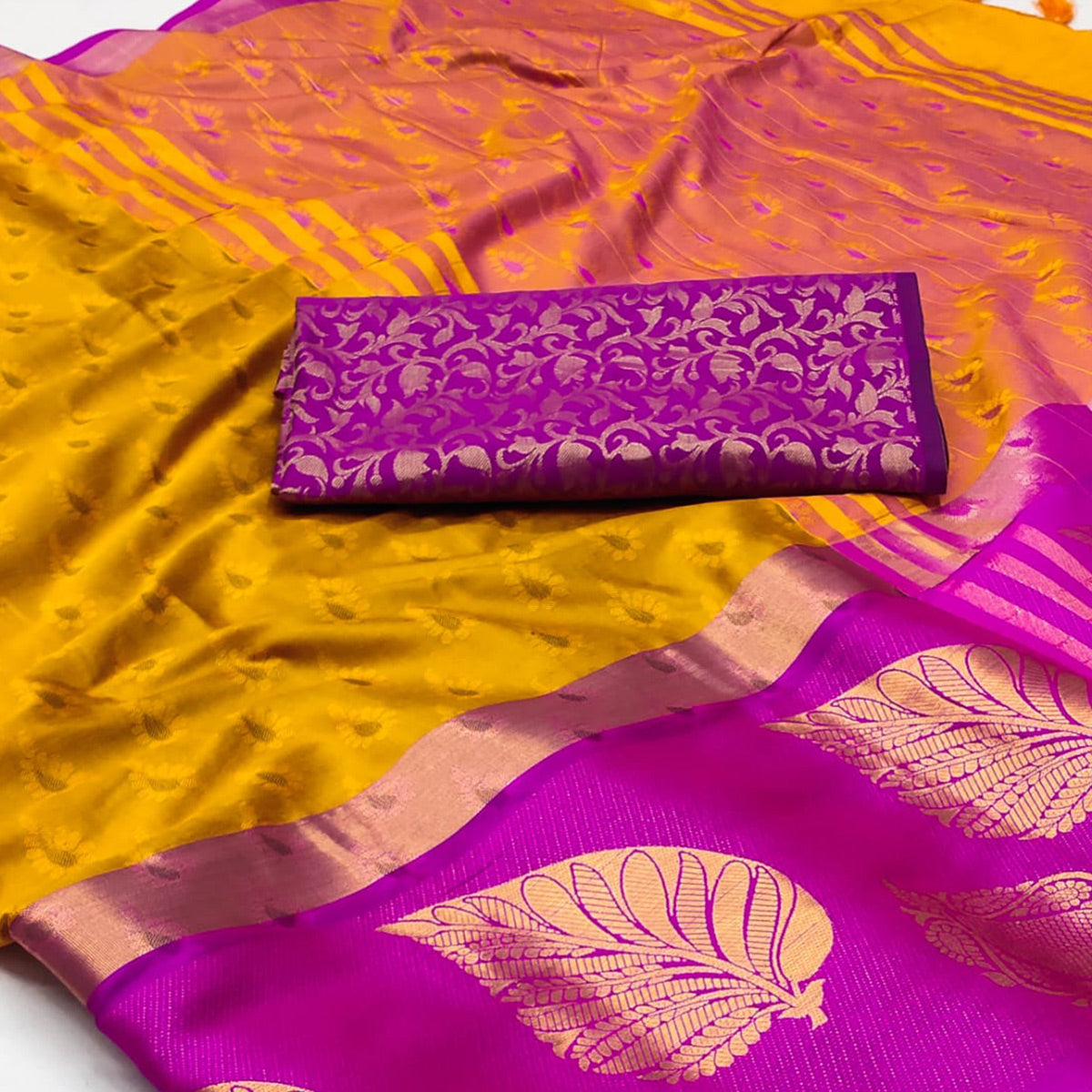 Mustard Woven Cotton Silk Saree With Tassels