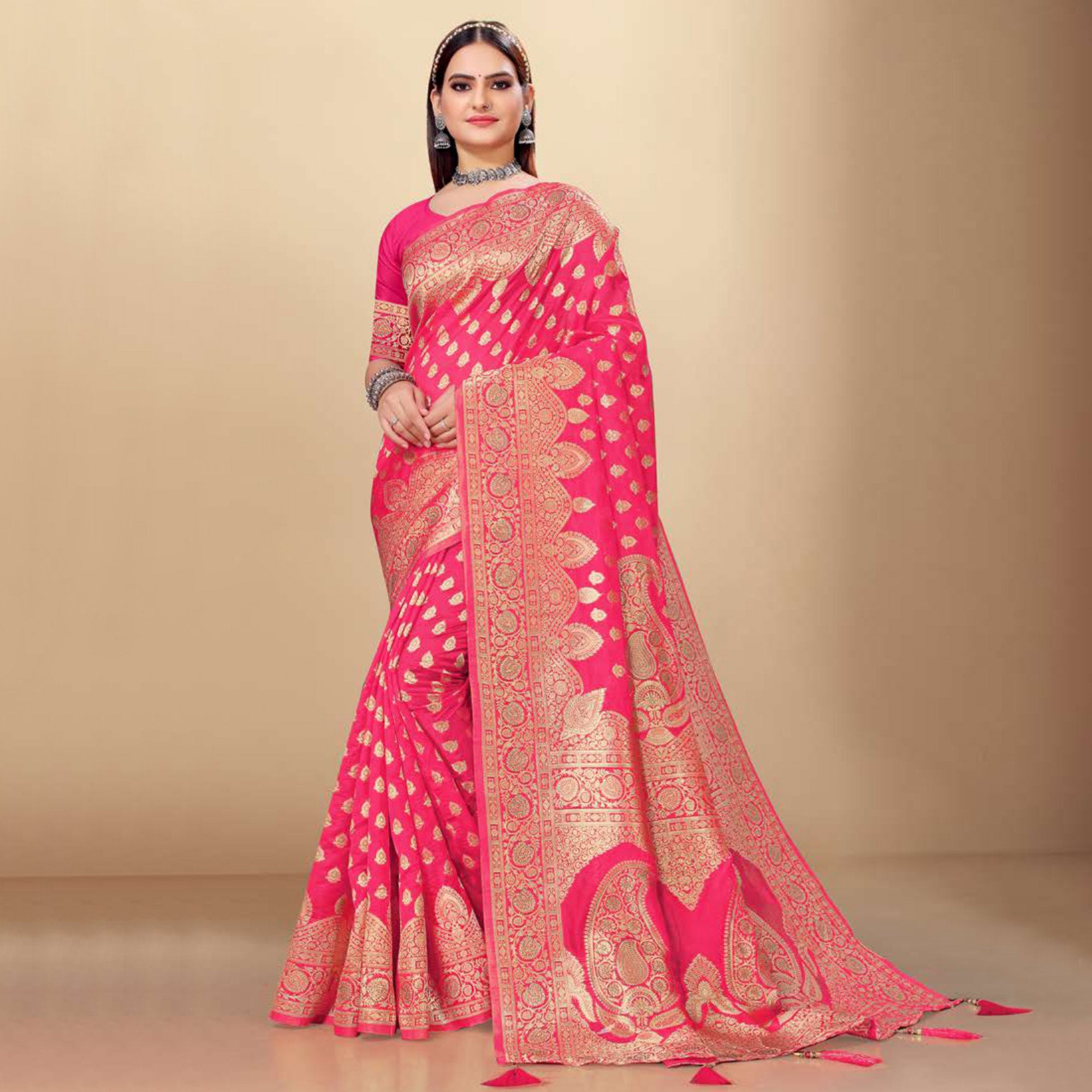 Pink Woven Art Silk Saree With Tassels