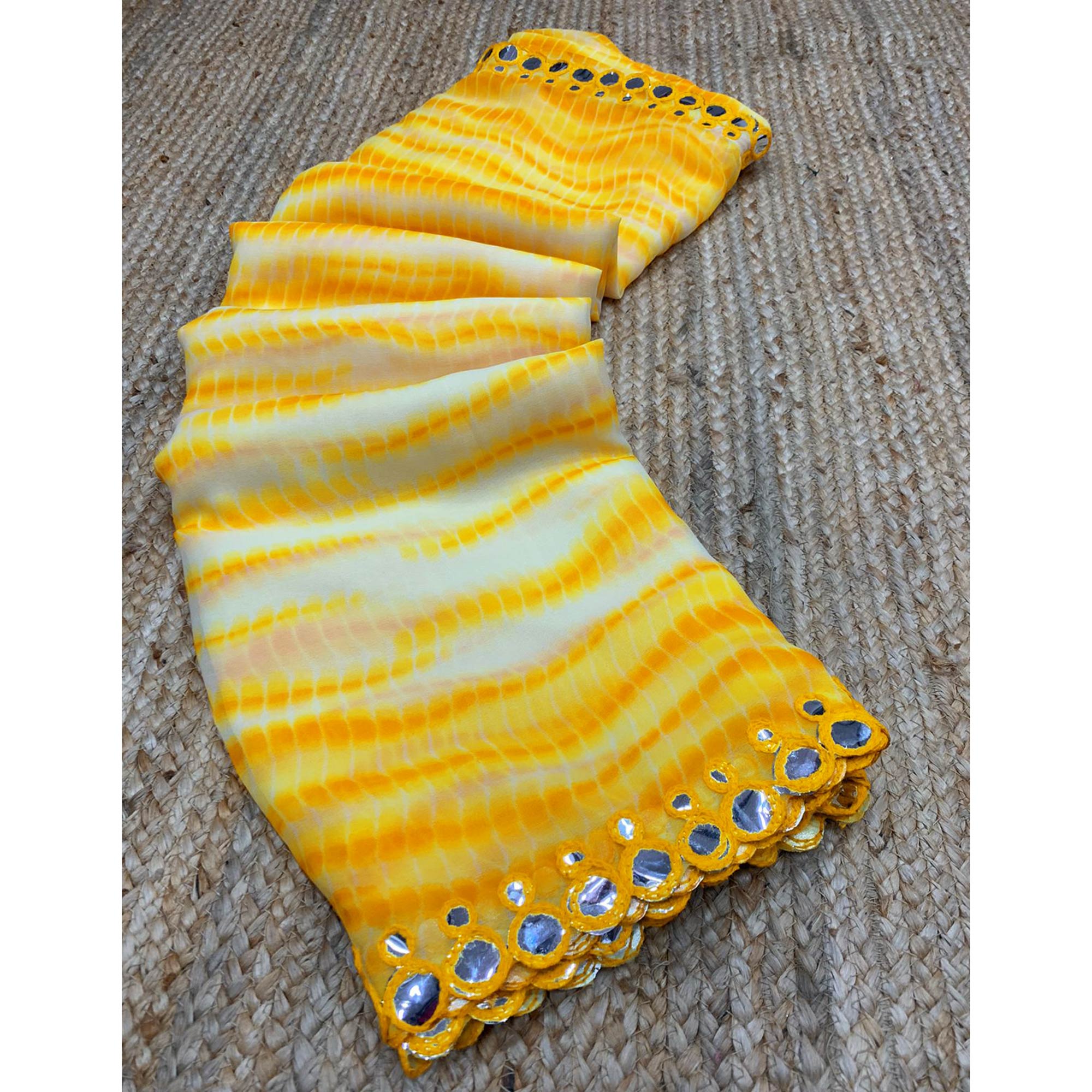 Yellow Printed With Fancy Mirror Georgette Saree