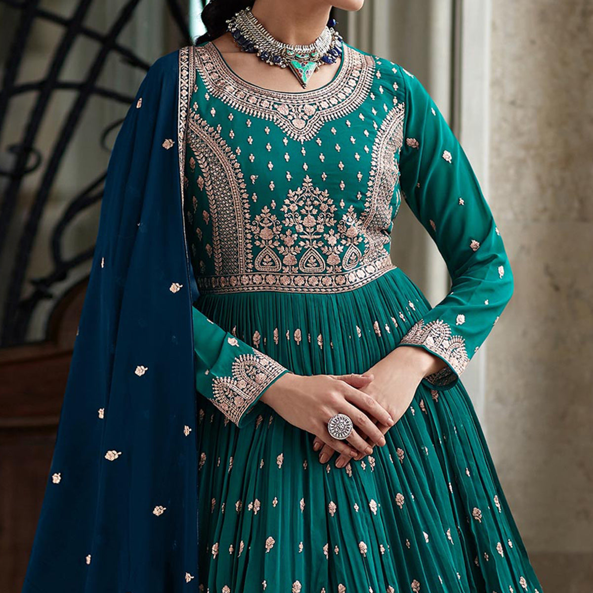 Aqua Blue Floral Sequins Embroidered Georgette Sharara Suit