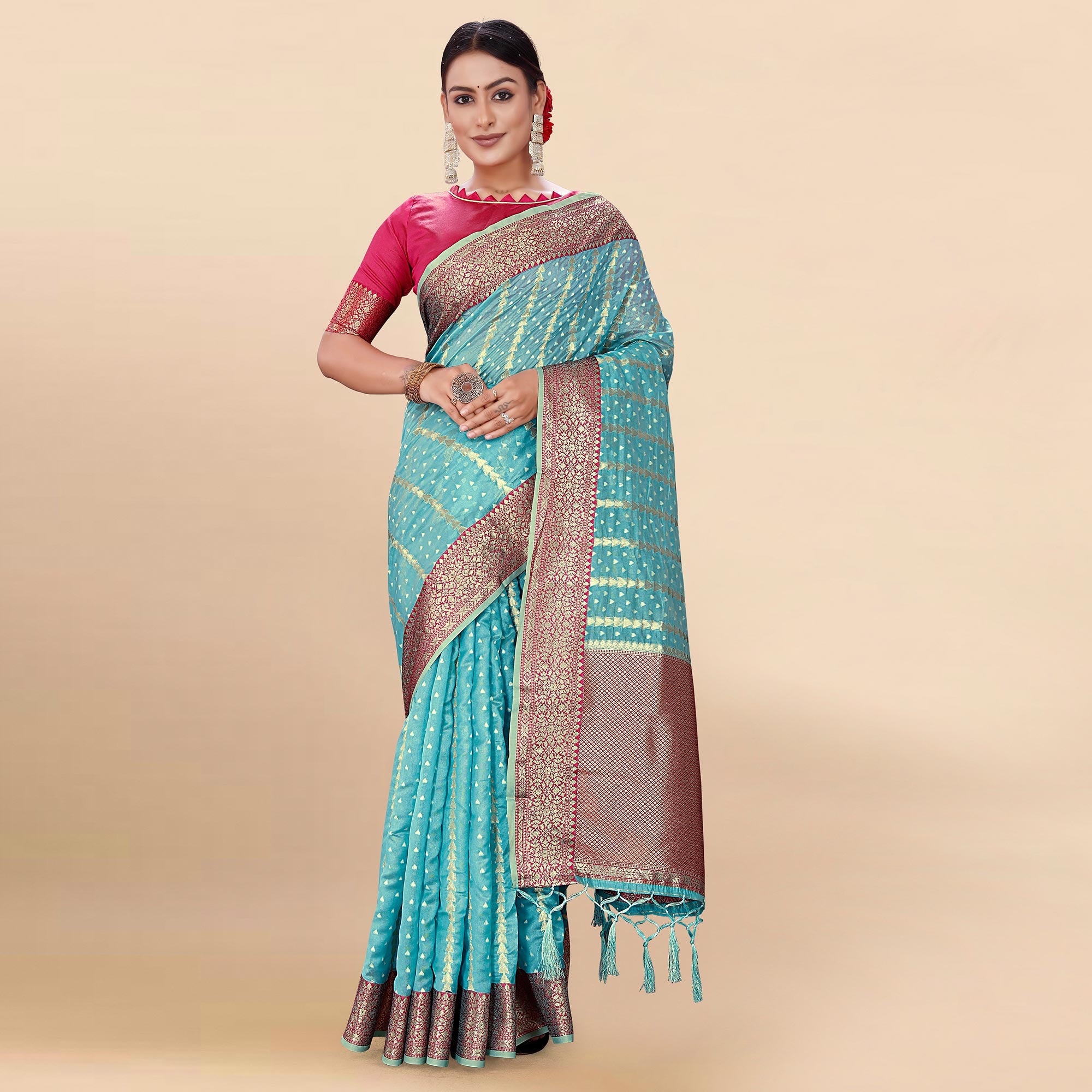 Blue Woven Organza Saree With Tassels