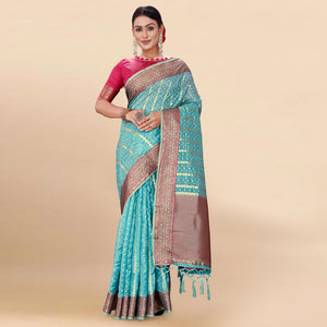Blue Woven Organza Saree With Tassels