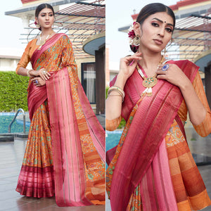 Brown Floral Digital Printed Cotton Blend Saree