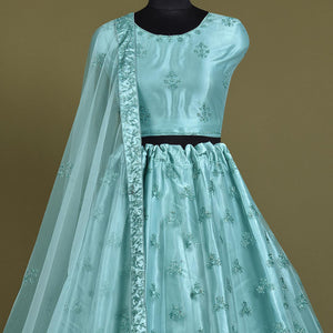Blue Floral Embroidered Net Lehenga Choli