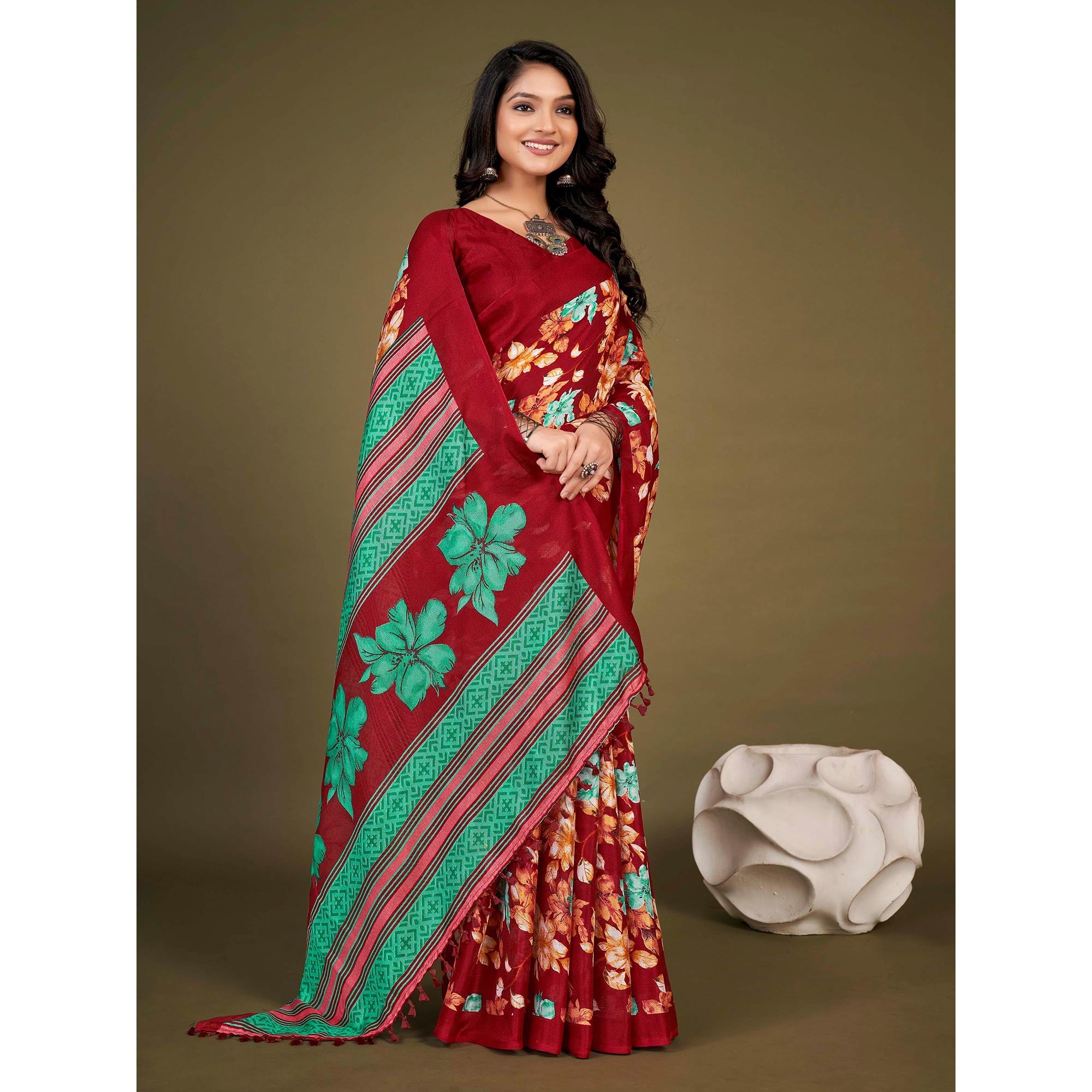 Red Floral Printed Jute Saree With Tassels