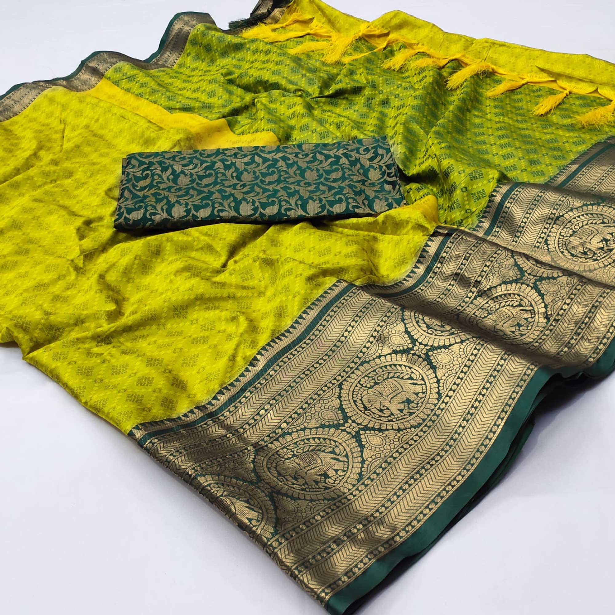 Lemon Green Woven Cotton Silk Saree With Tassels