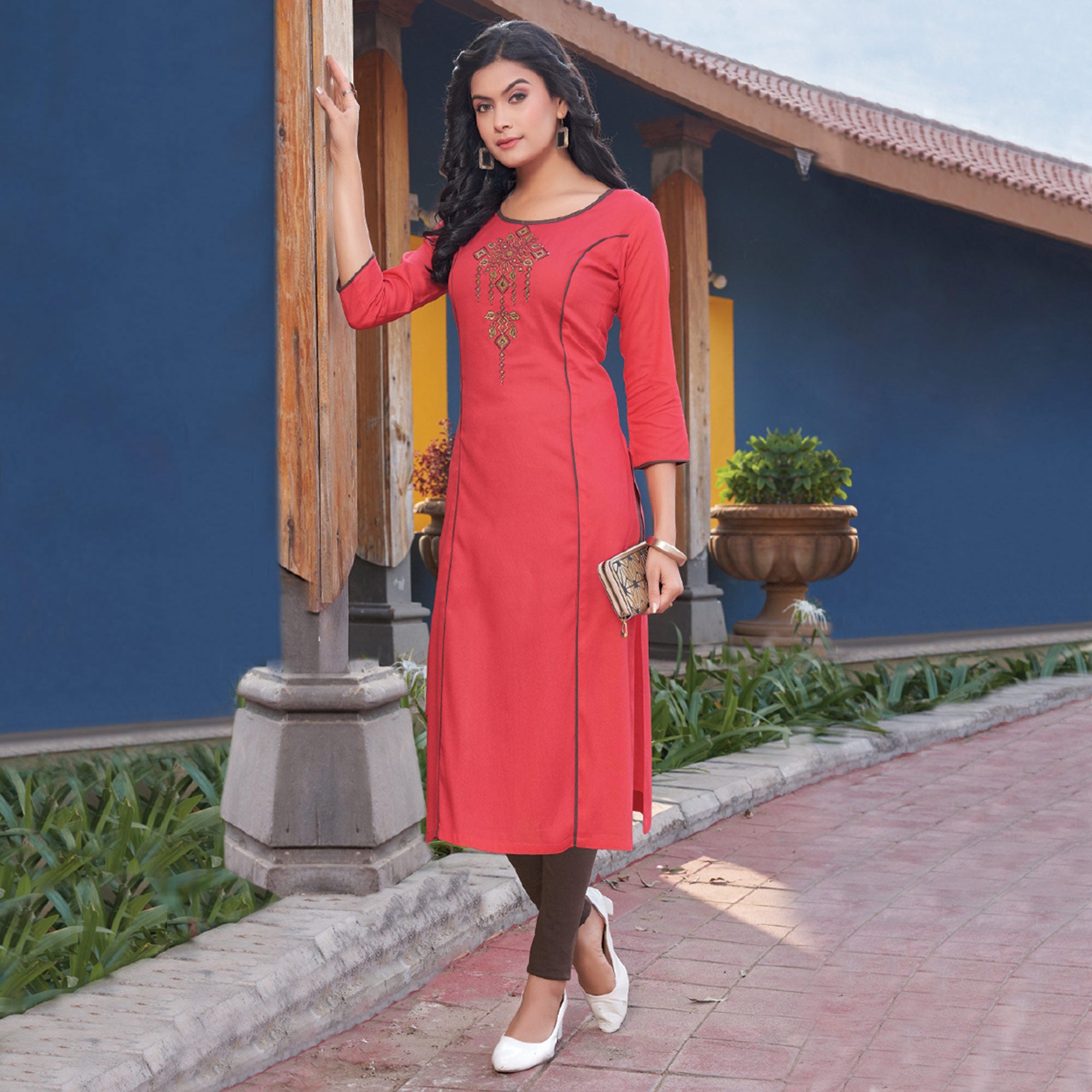 Pink Embroidered Rayon Kurti