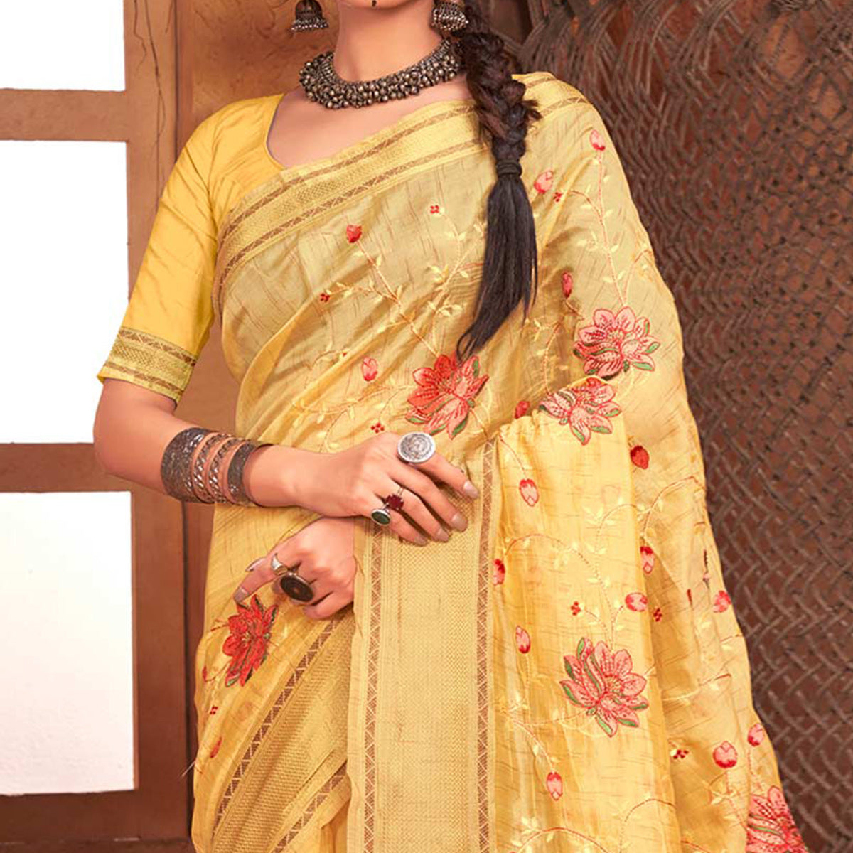 Yellow Embroidered With Woven Border Organza Saree