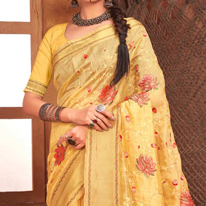 Yellow Embroidered With Woven Border Organza Saree
