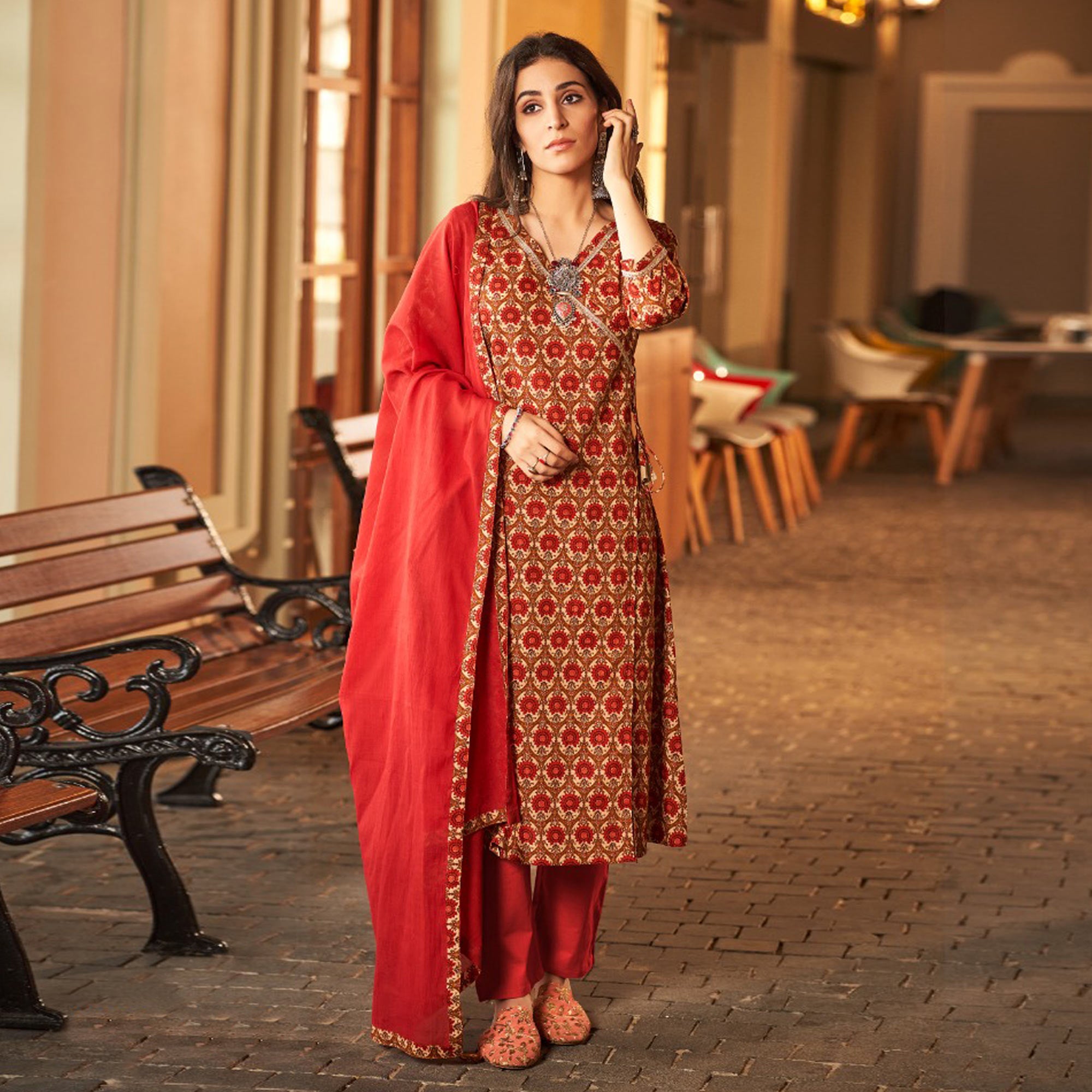 Rust Floral Printed Pure Cotton Angrakha Style Suit