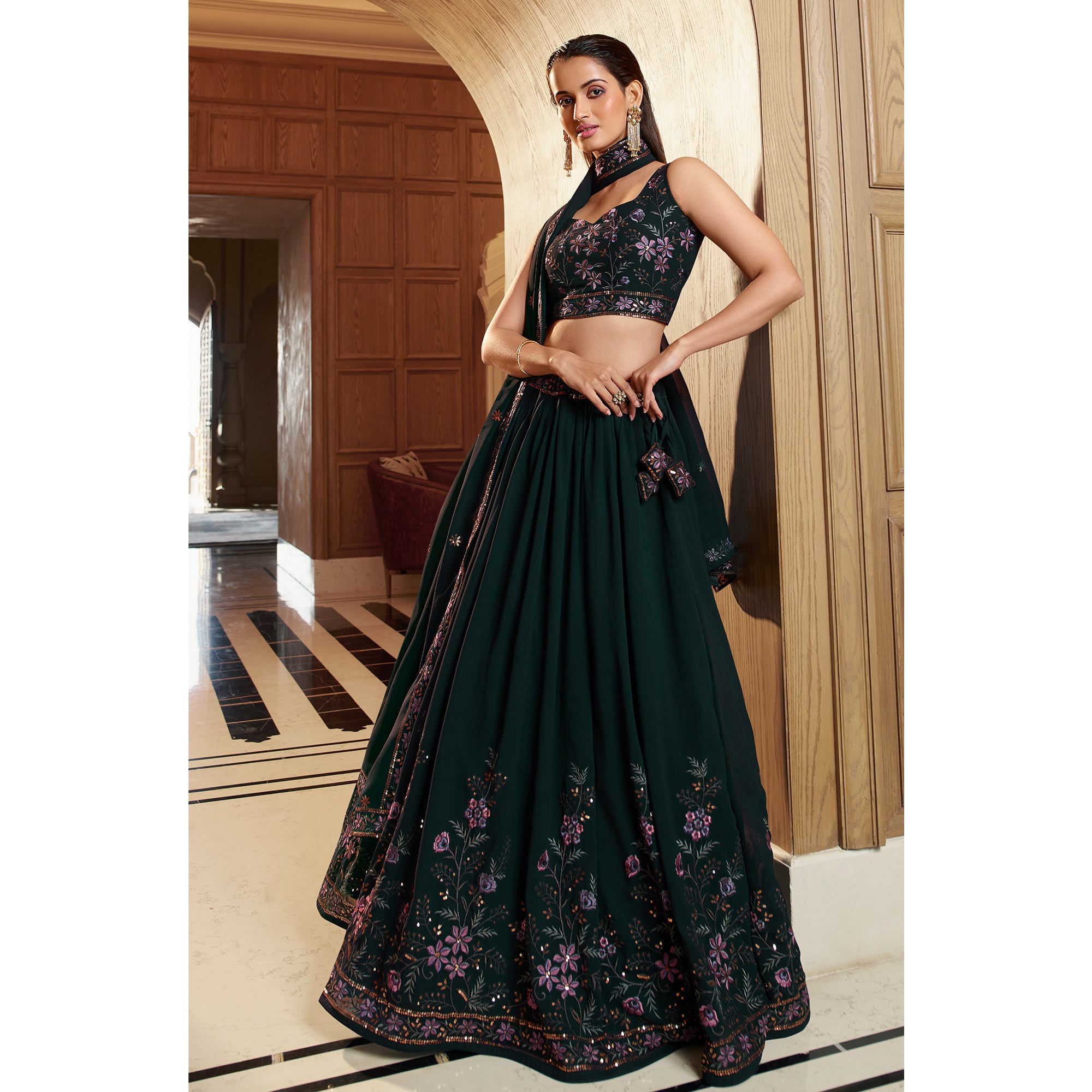 Green Sequins Embroidered Georgette Lehenga Choli