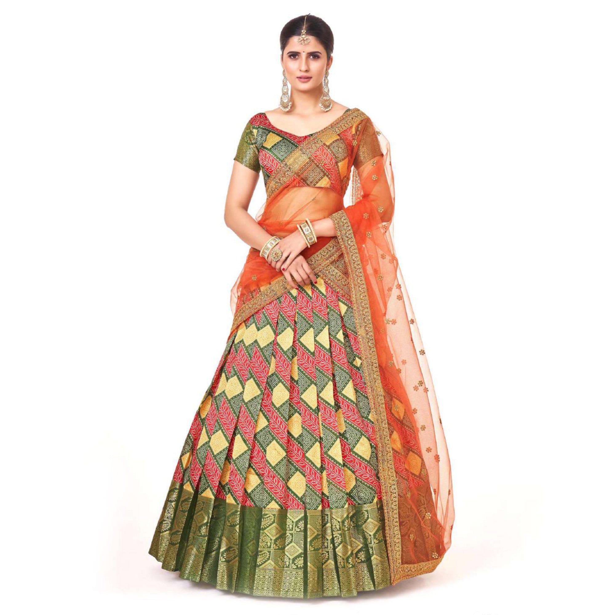 Multicolor Digital Printed With Zari Work Art Silk Lehenga Choli