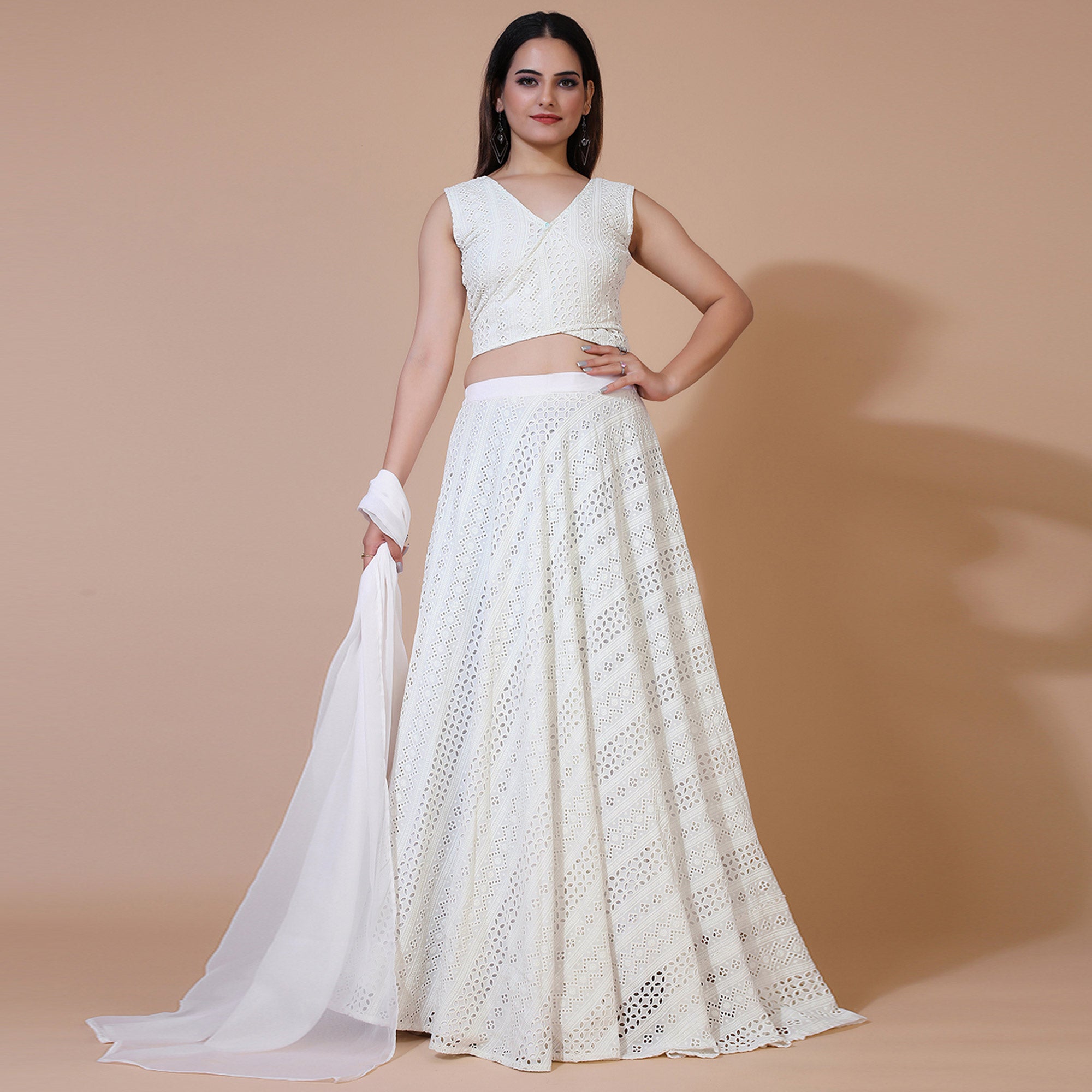 White Lucknowi Chikankari Work Rayon Lehenga Choli