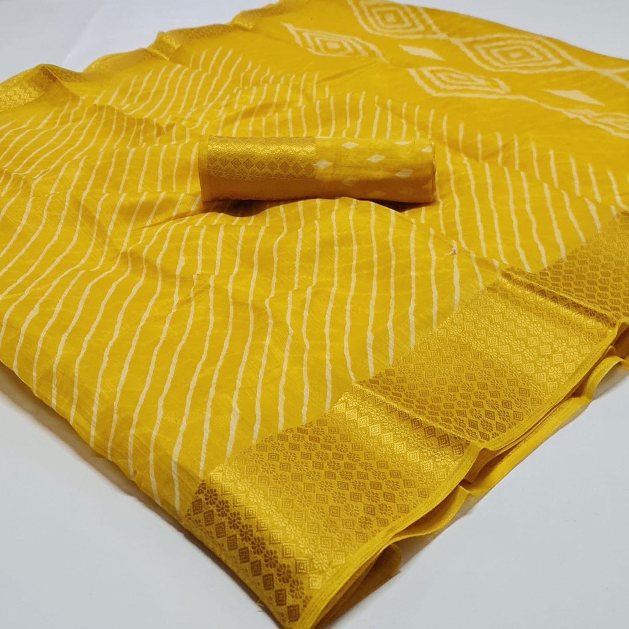 Yellow Striped Printed Linen Saree