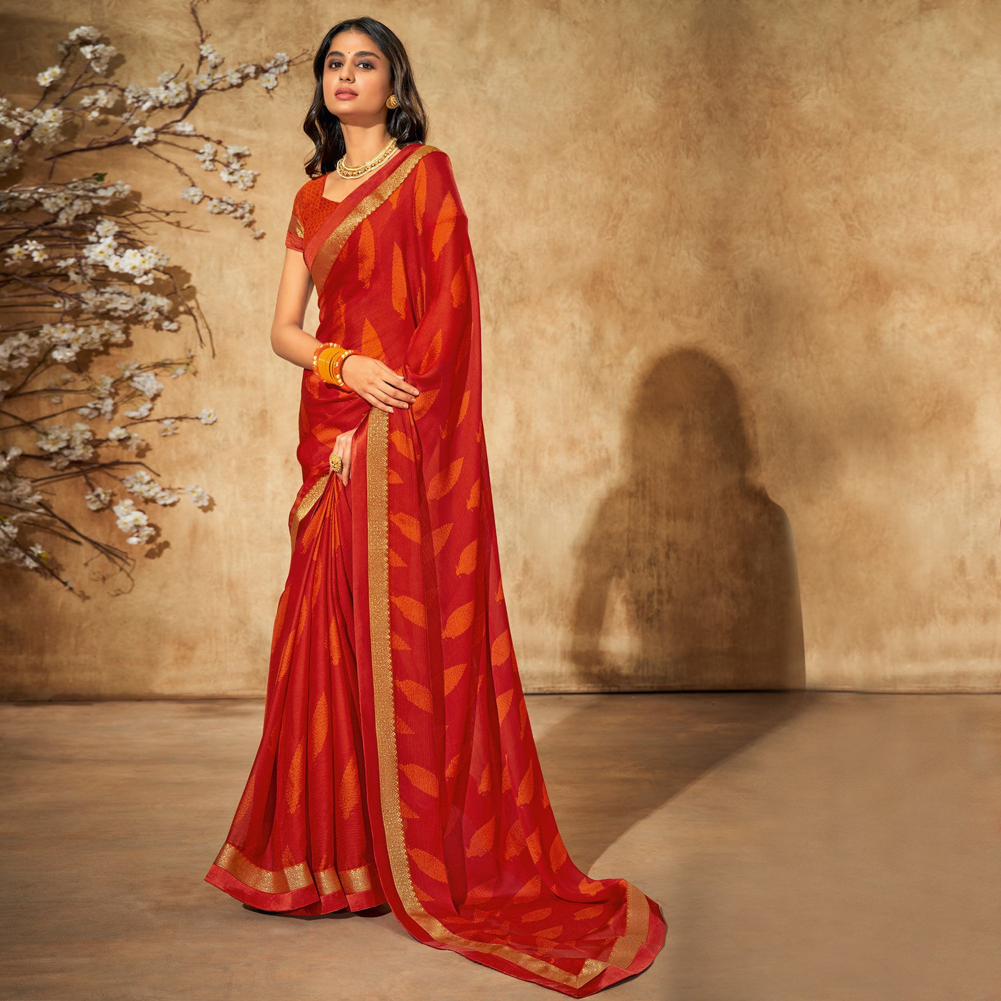 Rust & Orange Printed Chiffon Saree With Brocade Lace