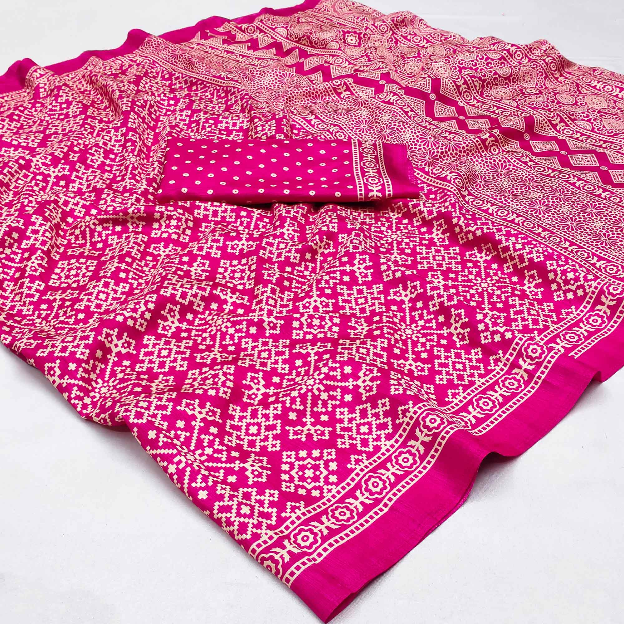 Pink Printed Art Silk Saree
