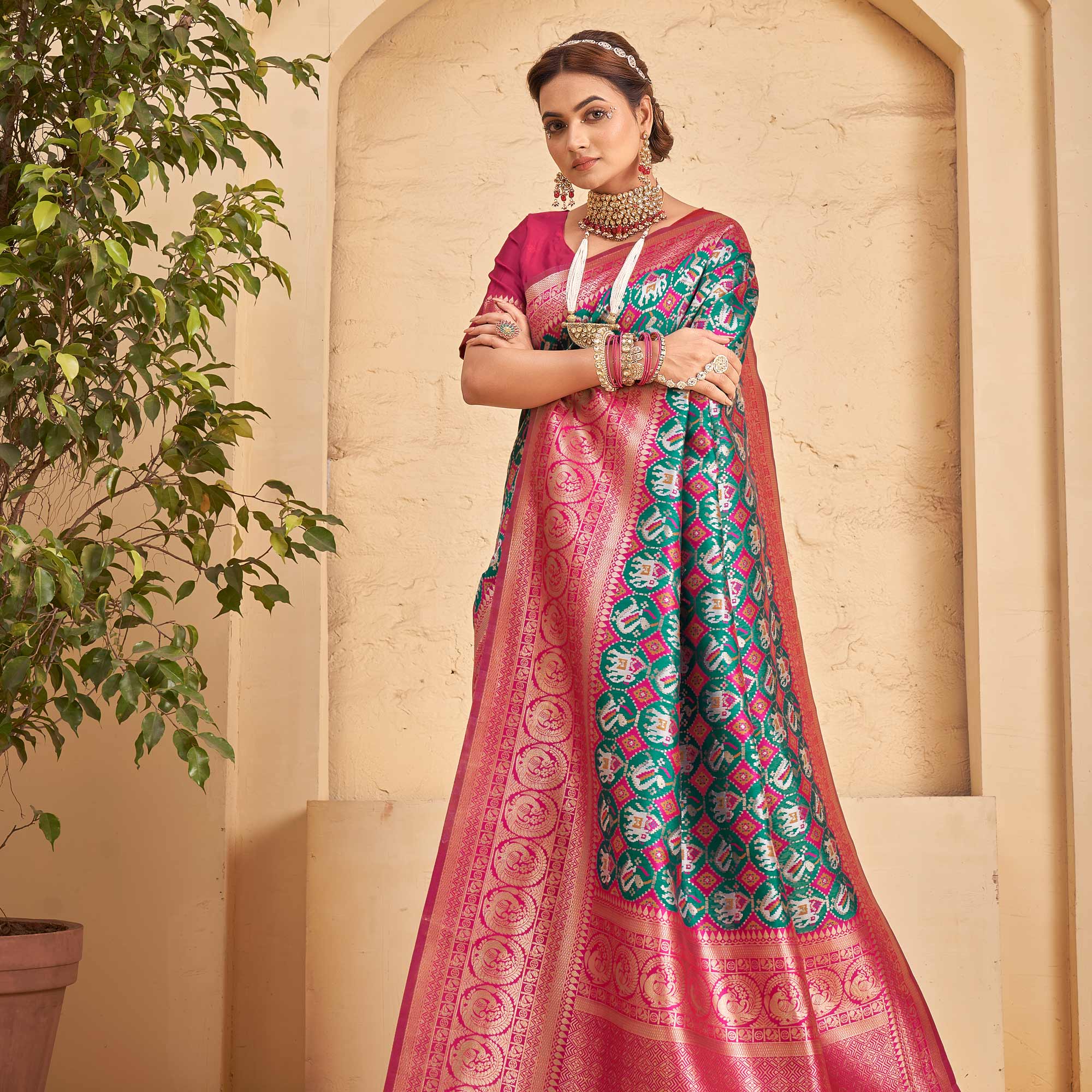 Rama Green Woven Patola Art Silk Saree With Tassels