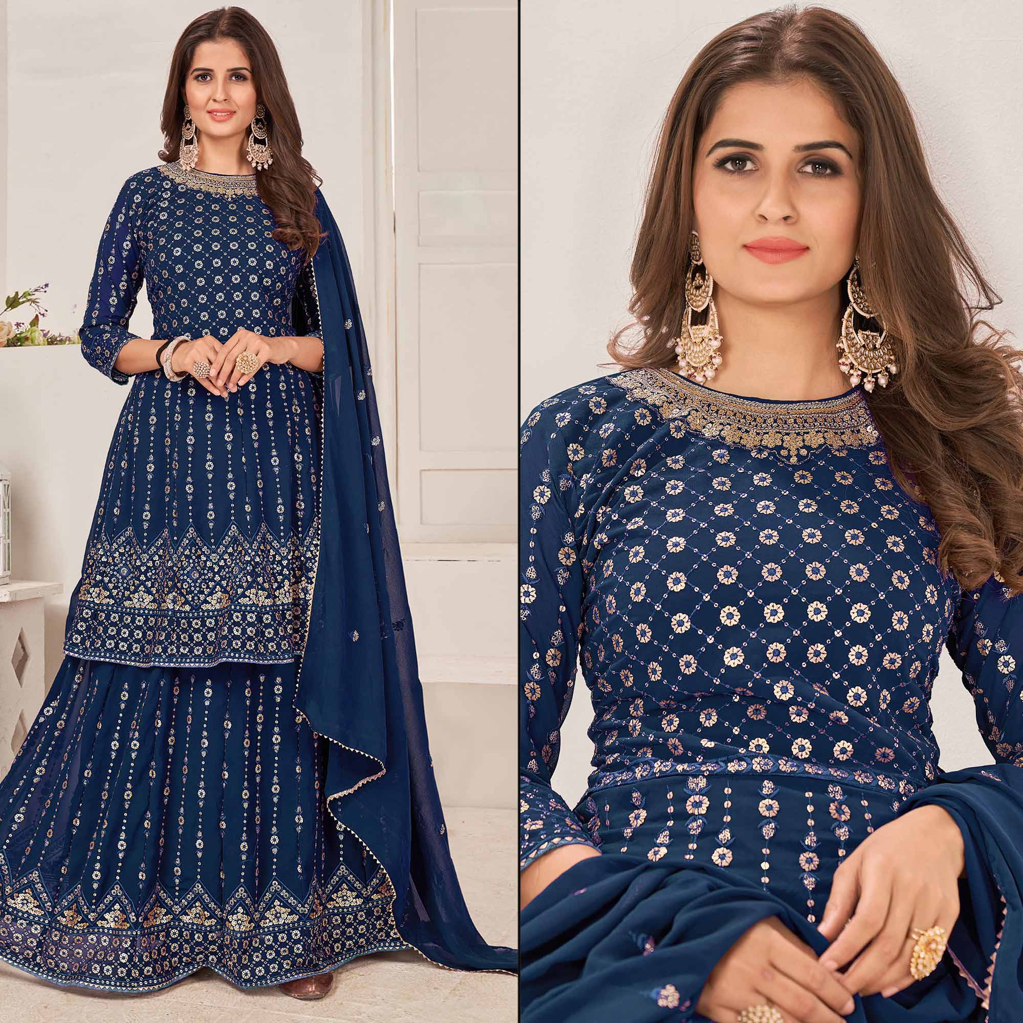 Blue Sequins Embroidered Georgette Sharara Suit