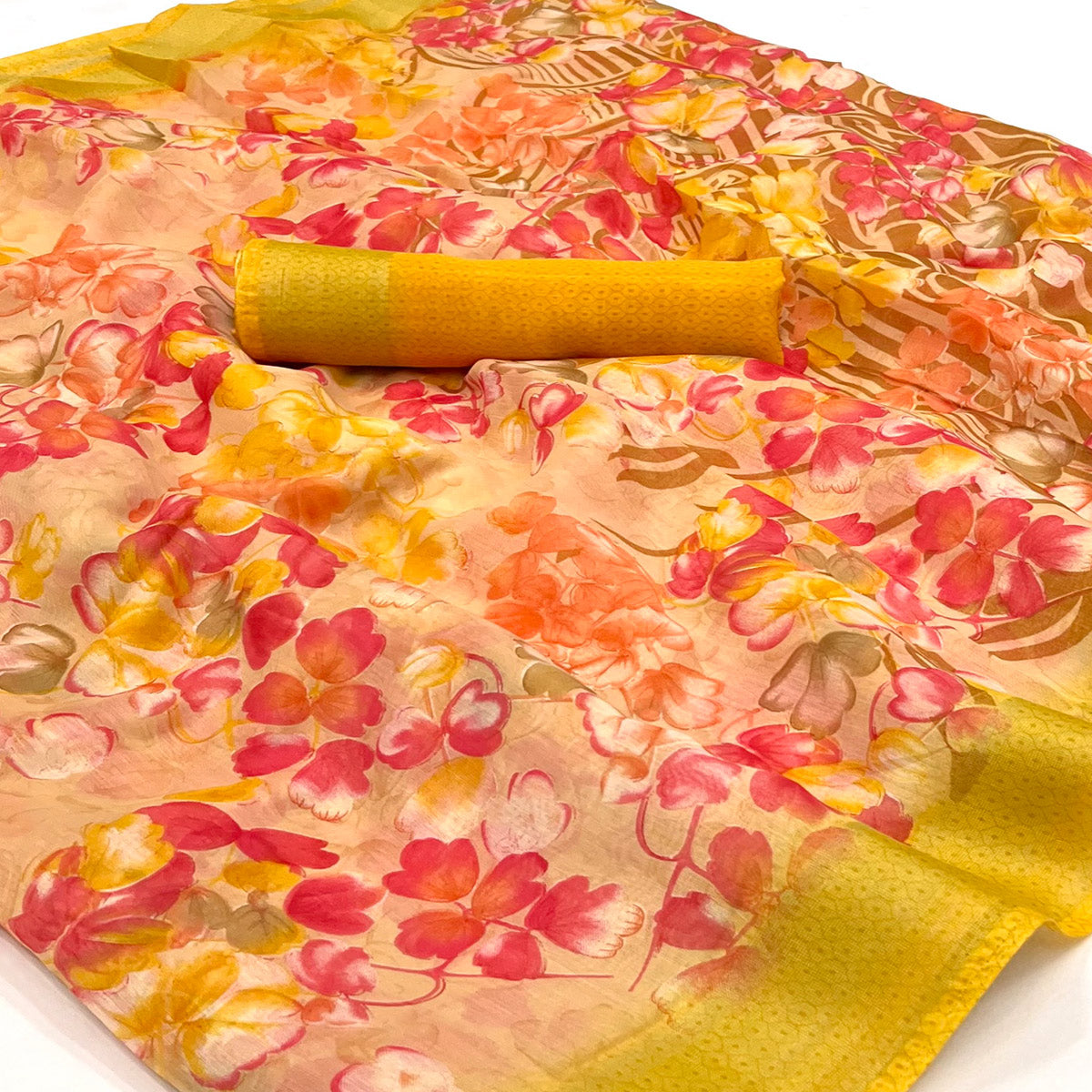 Mustard Floral Printed Linen Saree
