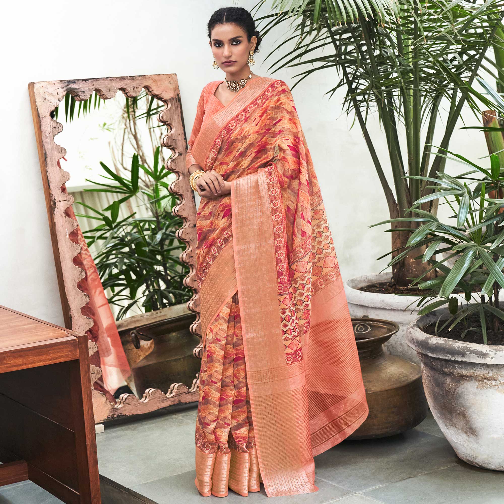 Peach Digital Printed Linen Saree