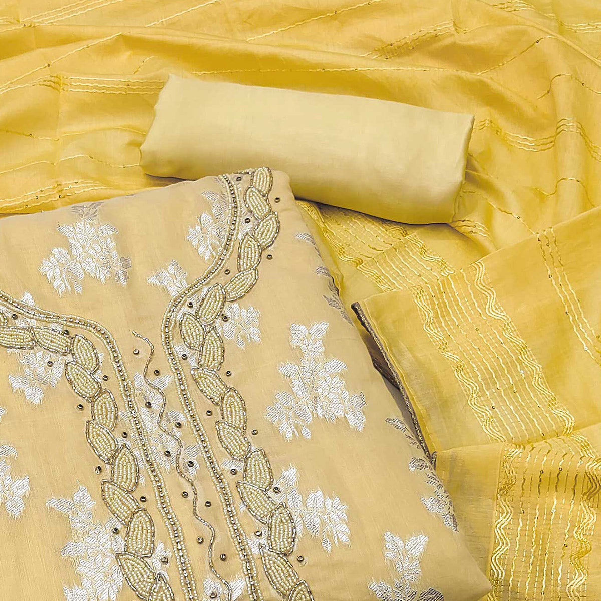 Yellow Woven With Handwork Banarasi Silk Dress Material