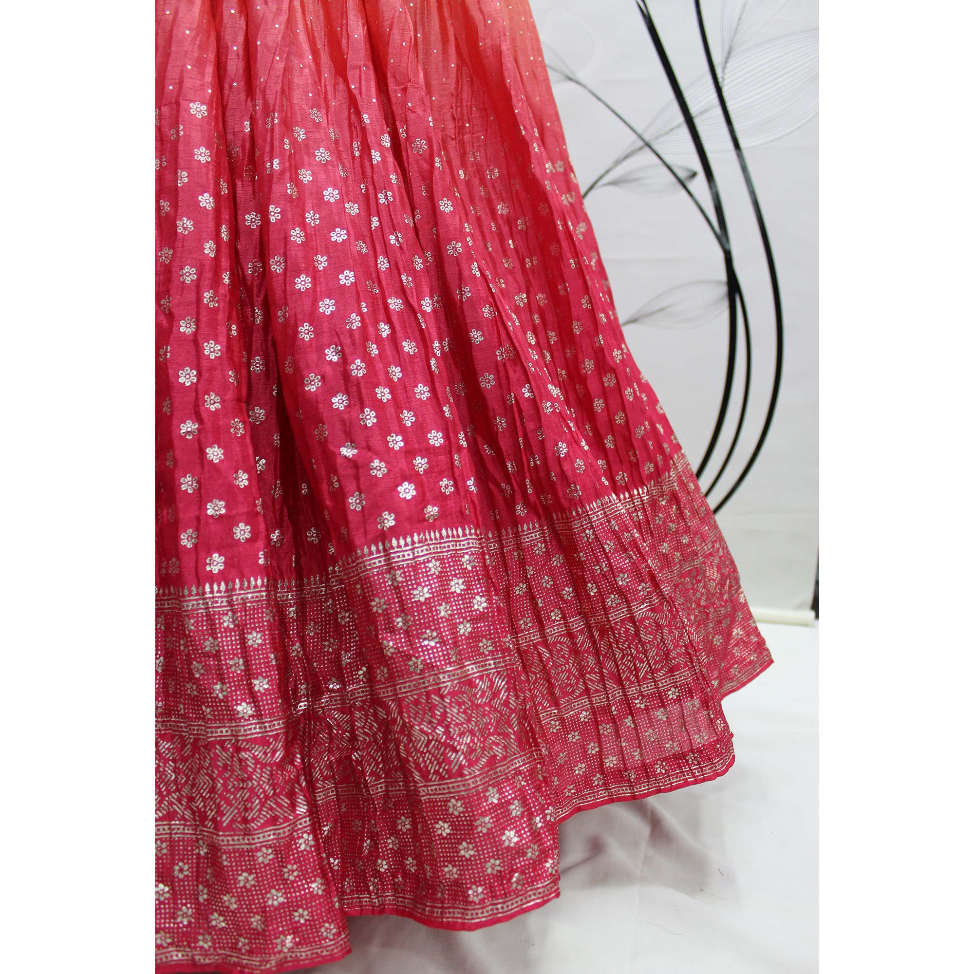 Peach & Pink Foil Printed Chiffon Lehenga Choli