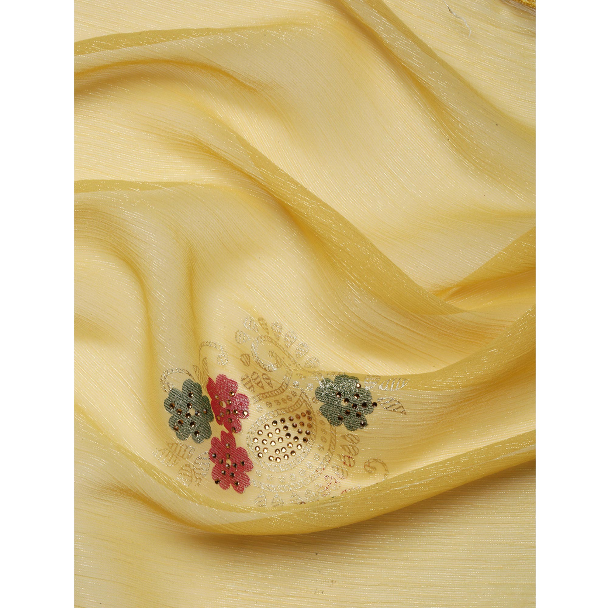 Yellow Foil Printed With Swarovski Shimmer Chiffon Saree