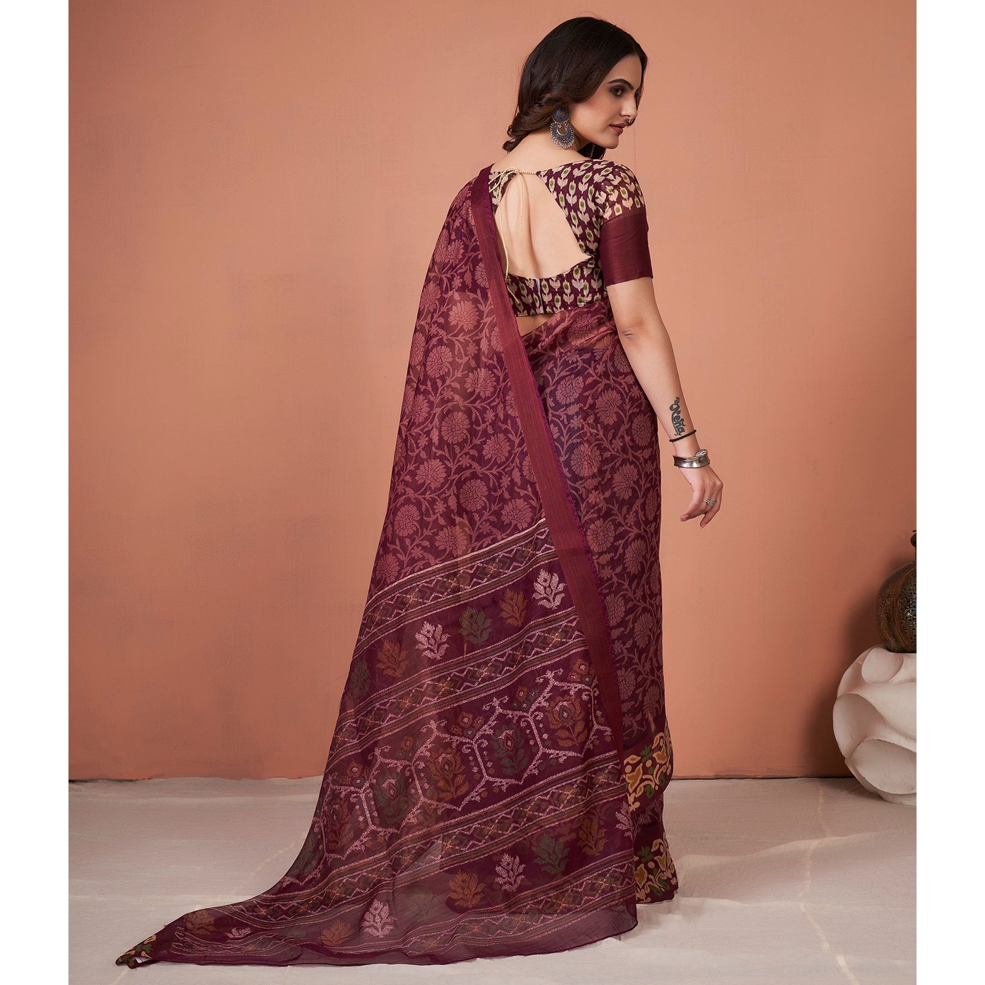 Purple Floral Printed Cotton Saree With Tassels