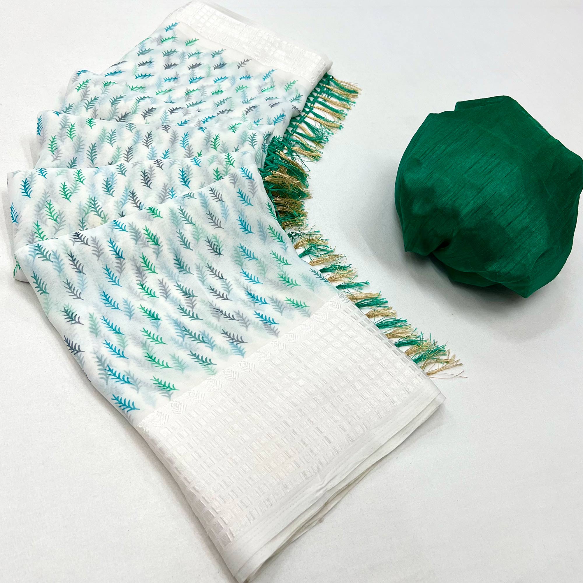 White Printed With Checks Border Georgette Saree