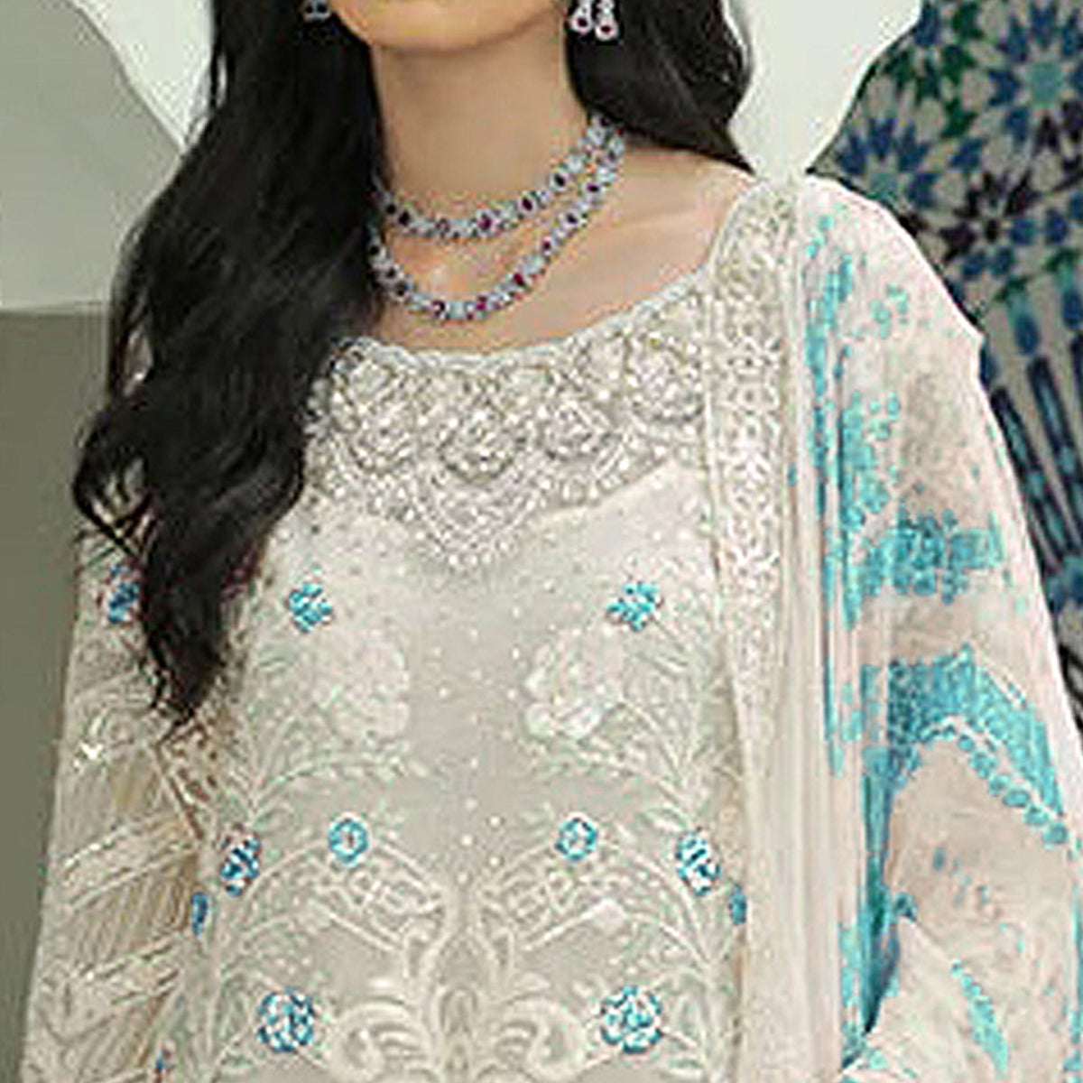 White Sequins Embroidered Georgette Pakistani Suit