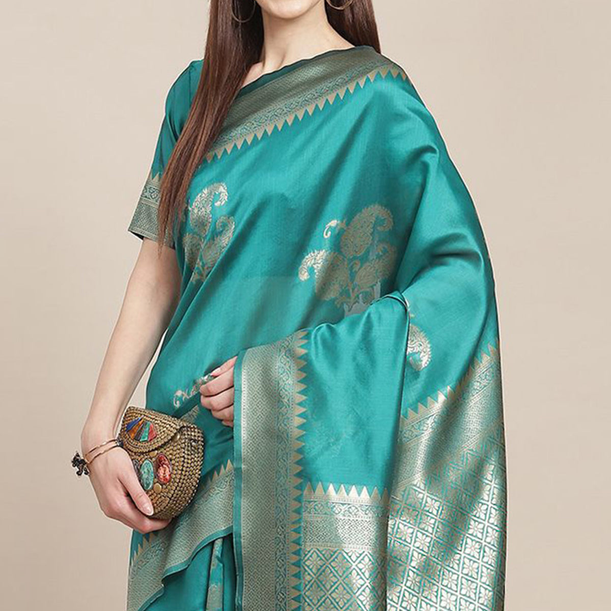 Turquoise Woven Banarasi Silk Saree