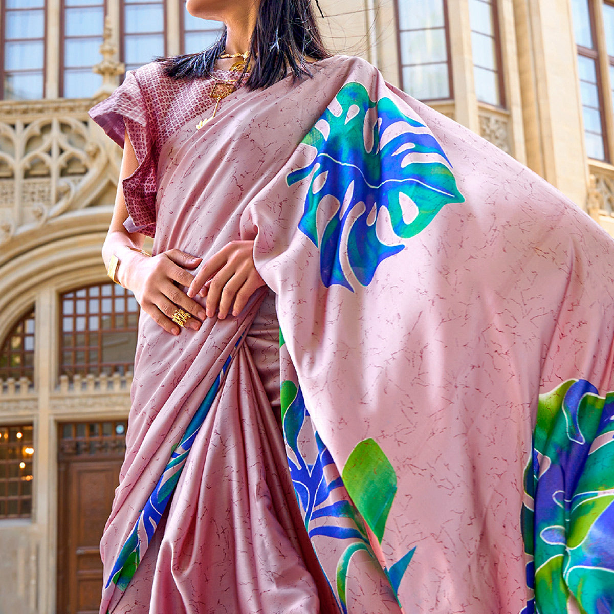 Pink Printed Crepe Saree