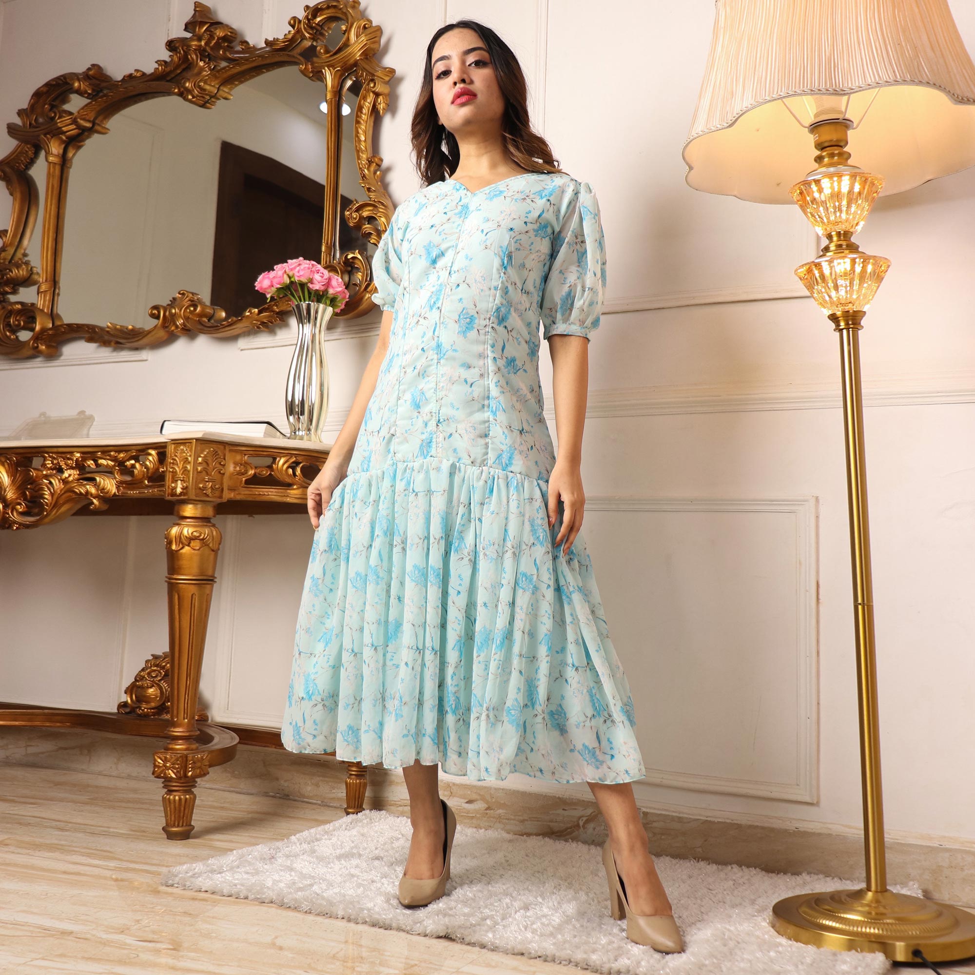 Light Blue Floral Printed Georgette Dress