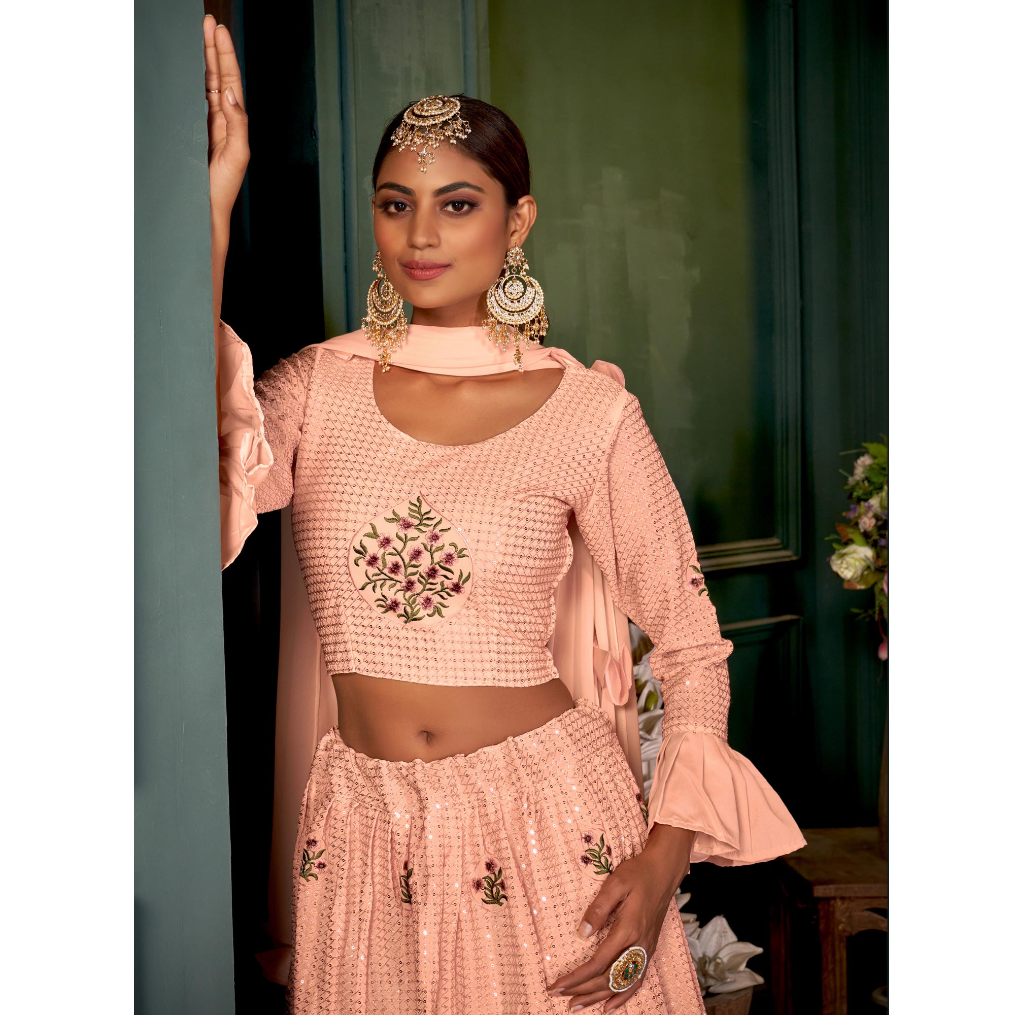 Peach Sequins Embroidered Georgette Lehenga Choli