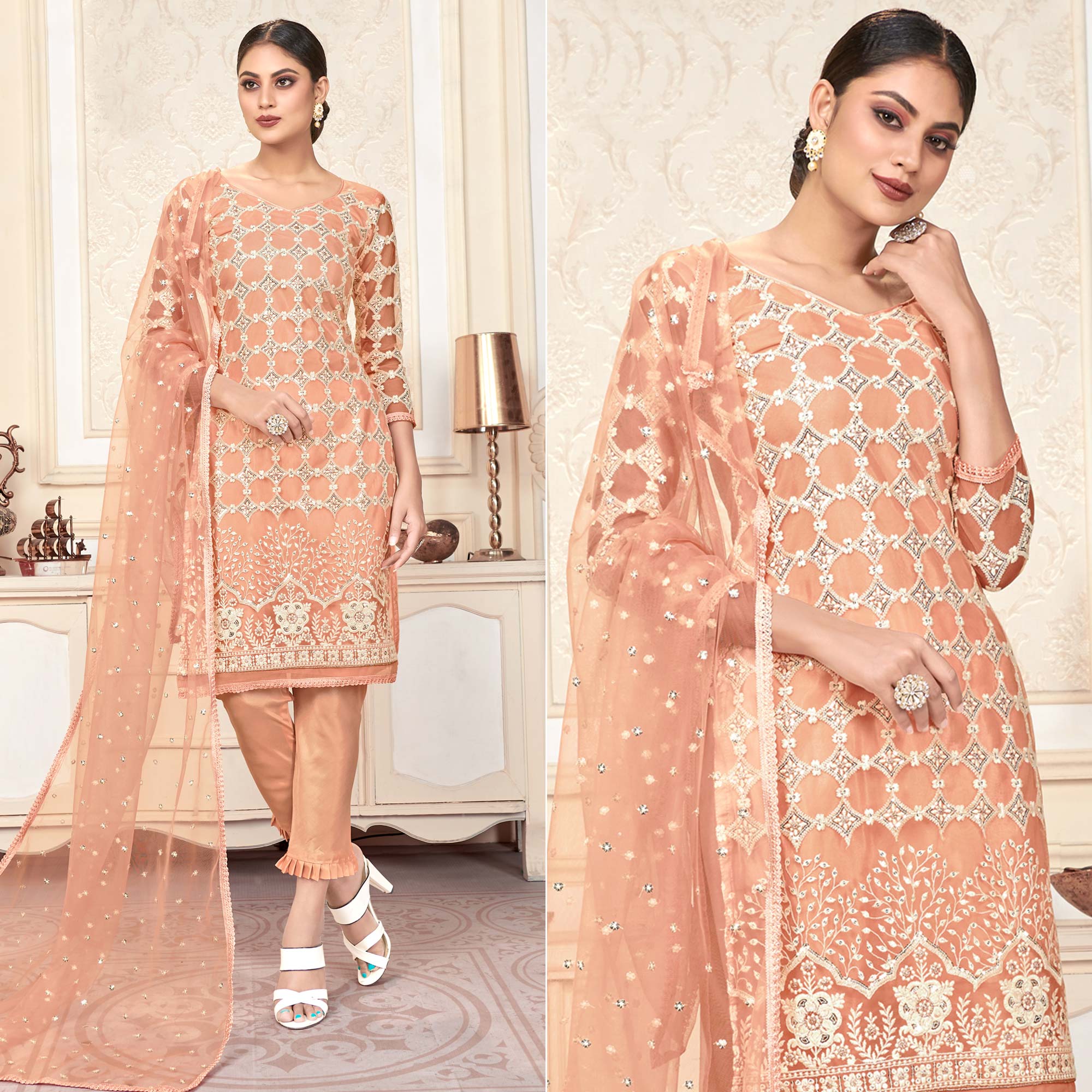 Peach Sequins Embroidered Net Semi Stitched Suit