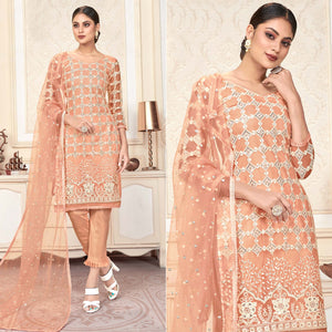 Peach Sequins Embroidered Net Semi Stitched Suit