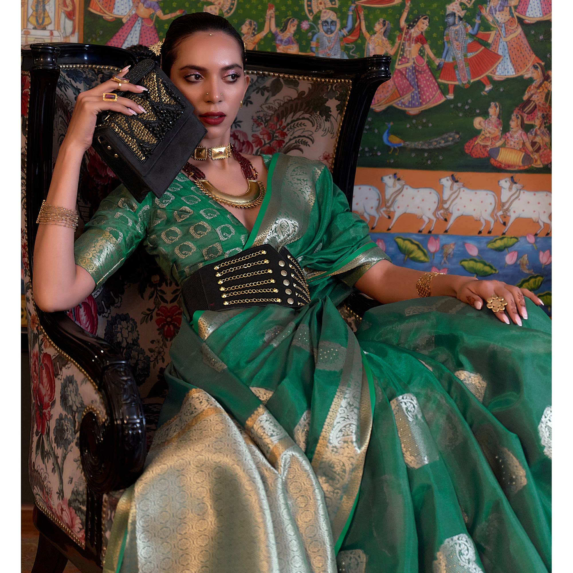 Green Woven Organza Saree With Tassels