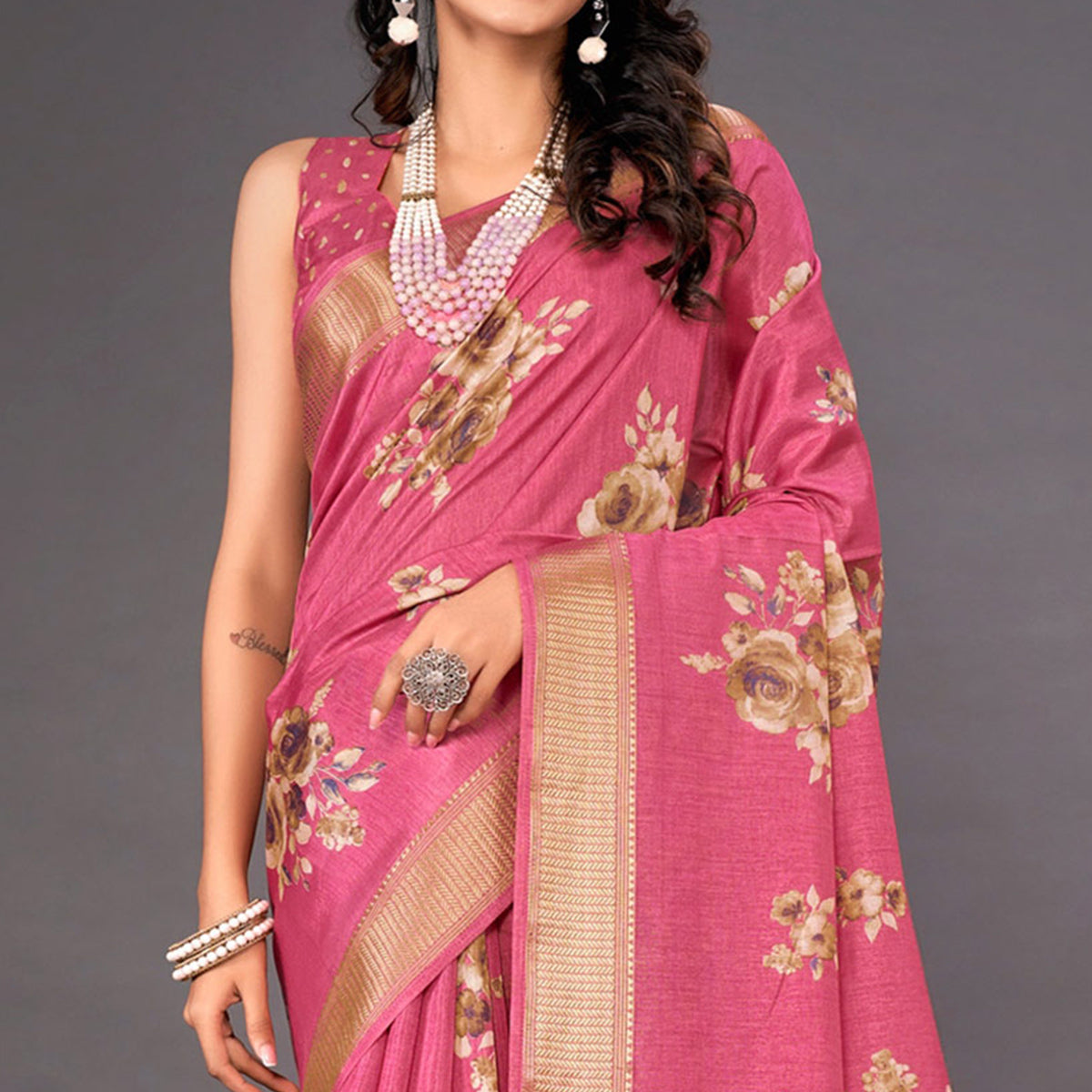 Pink Floral Printed Dola Silk Saree