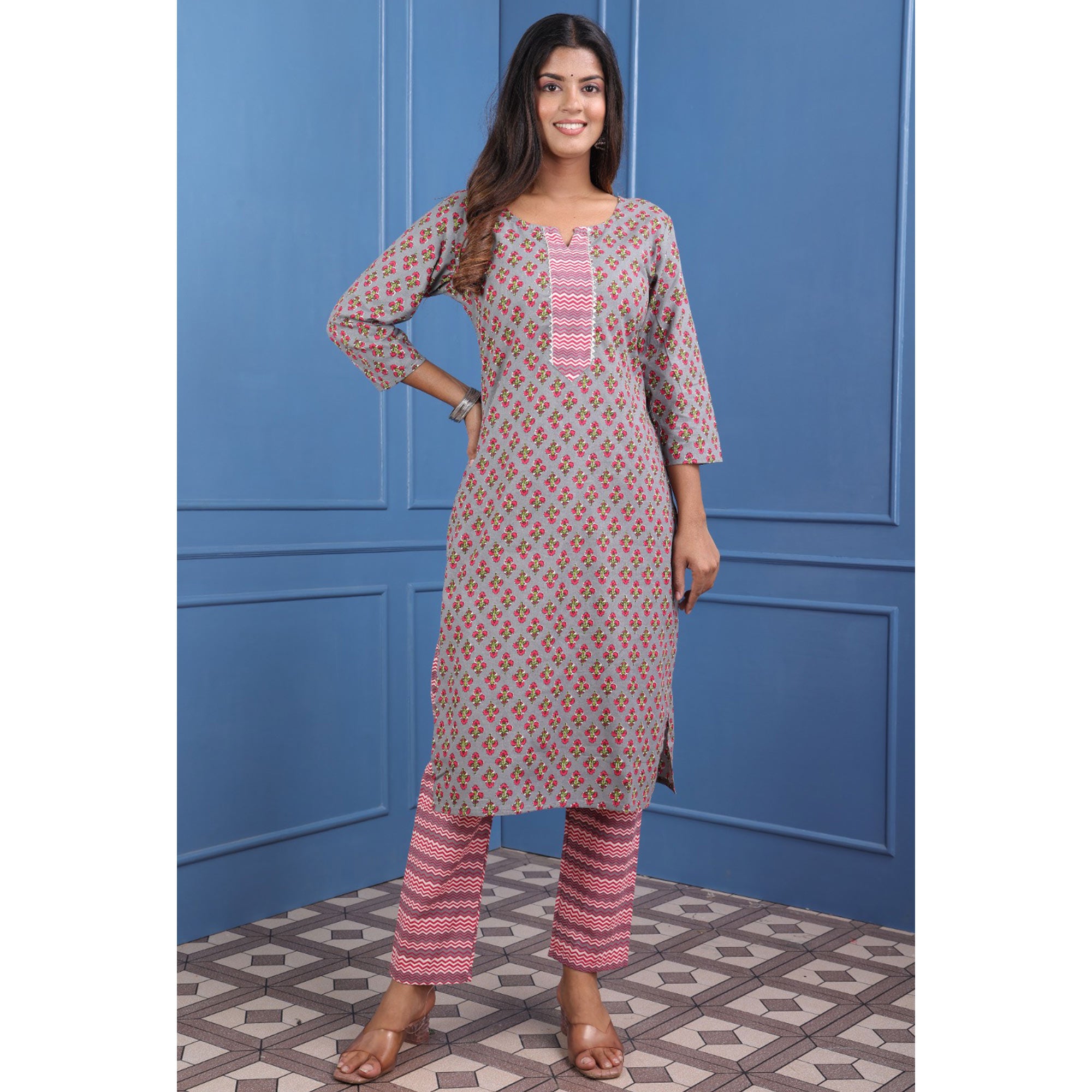 Grey Jaipuri Printed Pure Cotton Suit