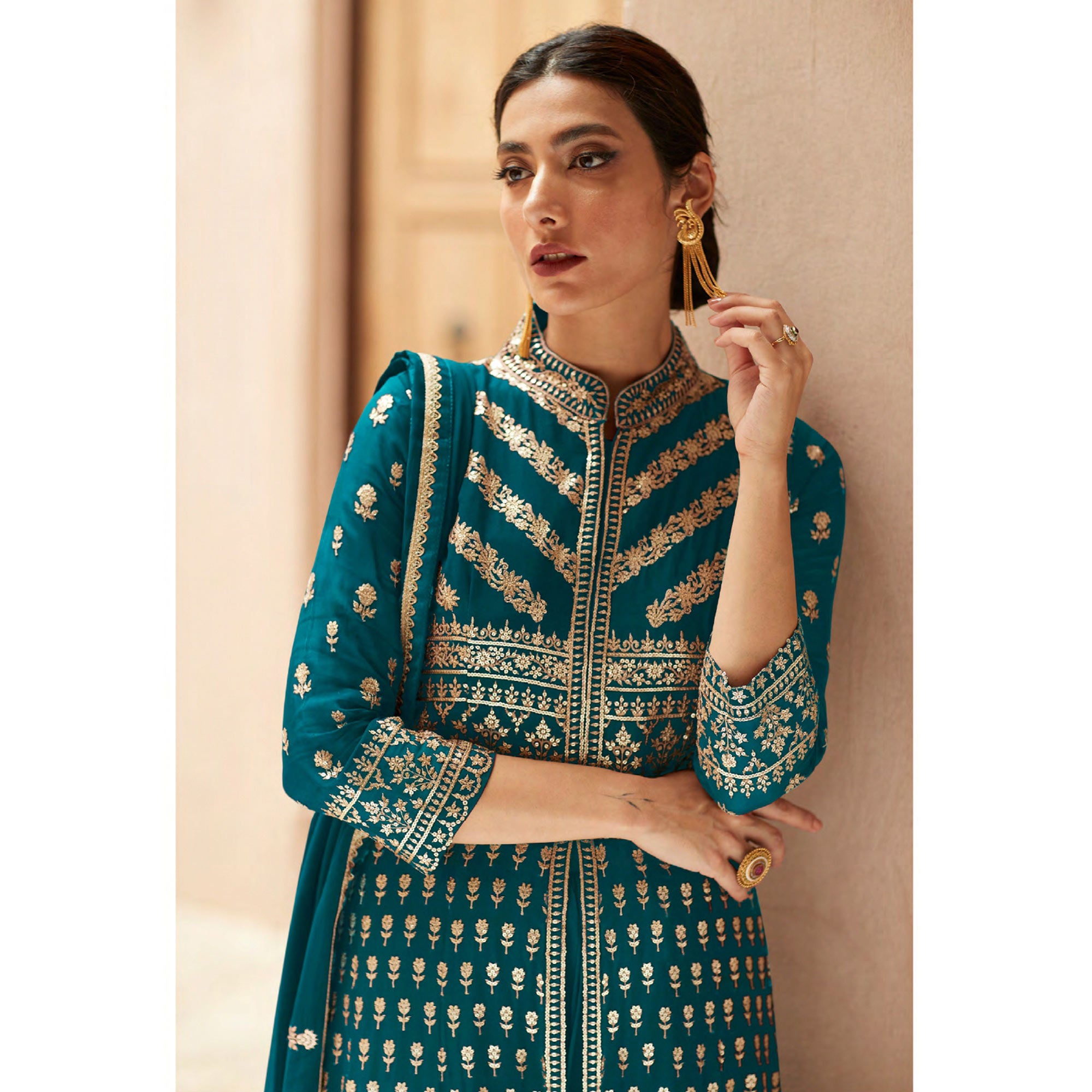 Blue Sequins Embroidered Georgette Palazzo Suit