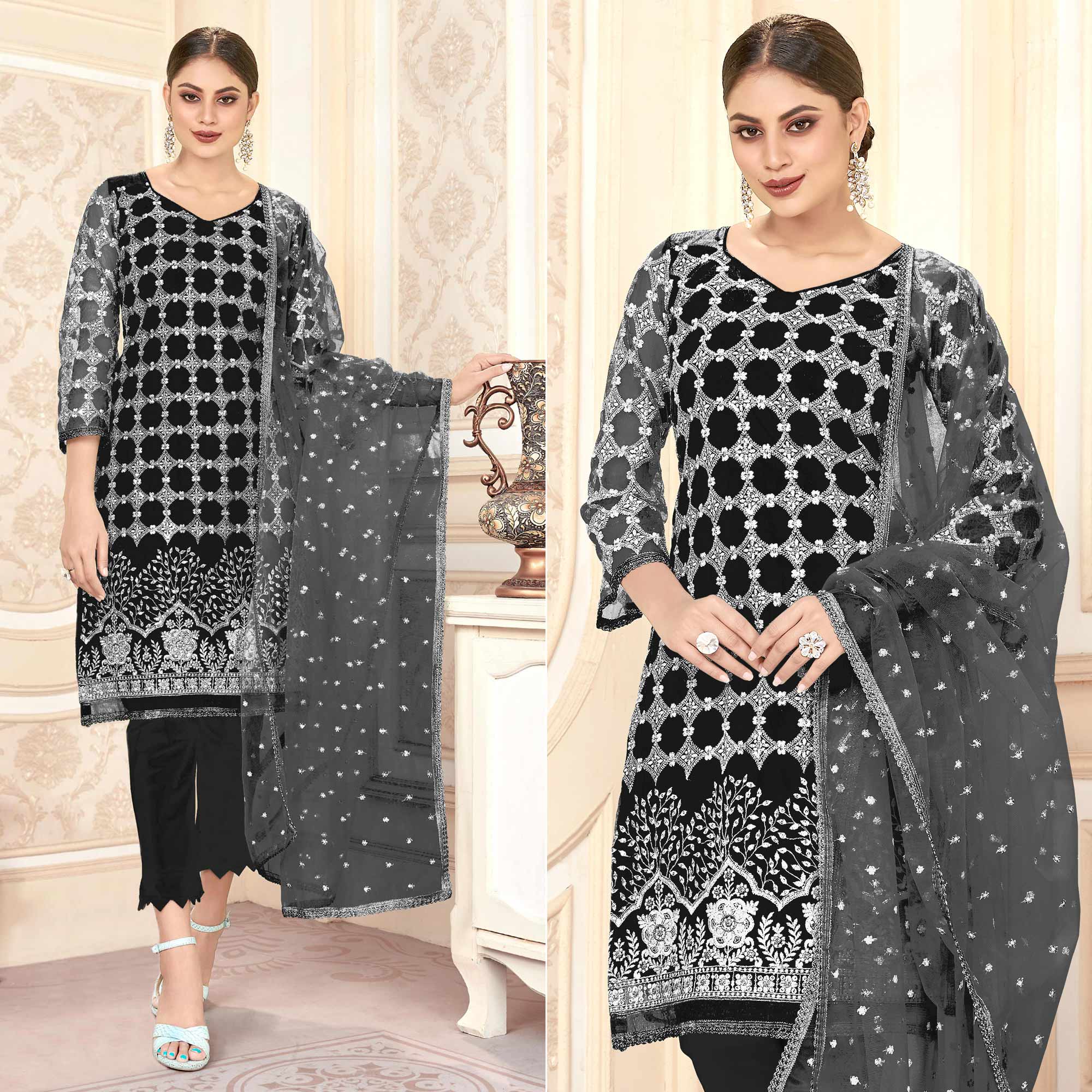 Black Sequins Embroidered Net Semi Stitched Suit